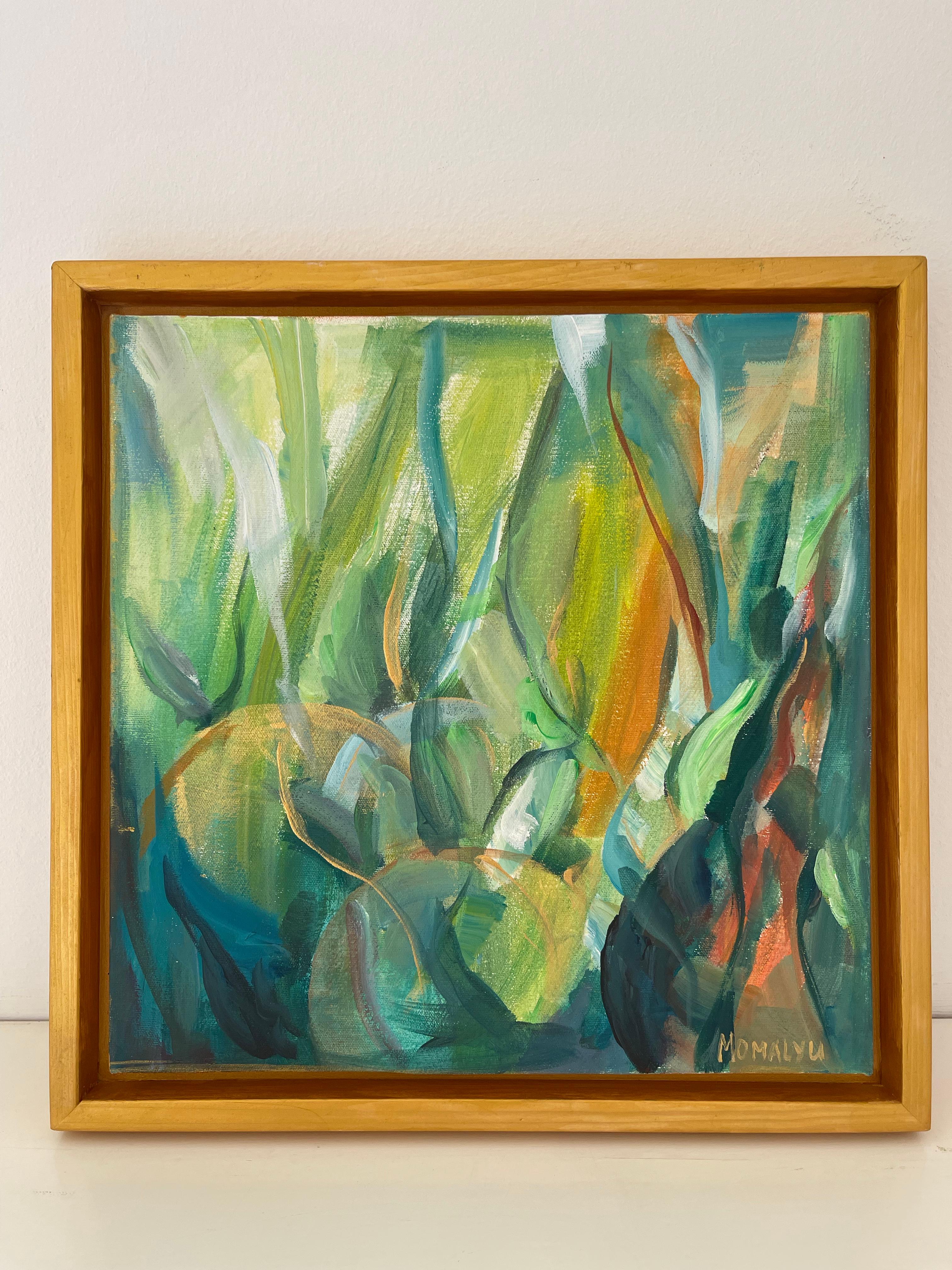 Nature’s Flow. Abstract square painting in the wood gold frame For Sale 3