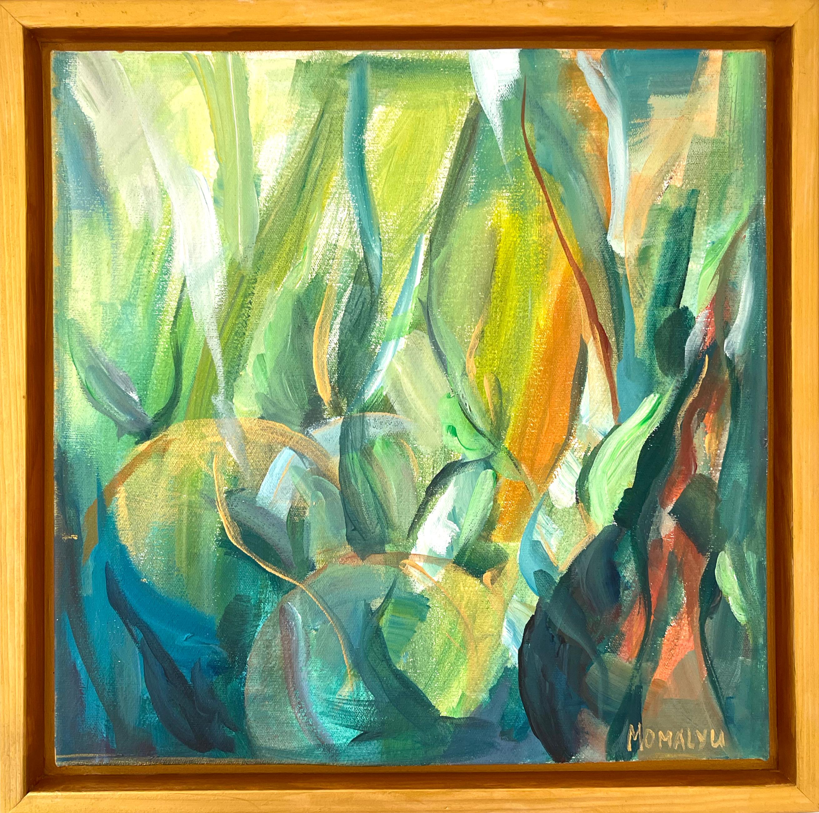 Momalyu Liubov Interior Painting - Nature’s Flow. Abstract square painting in the wood gold frame