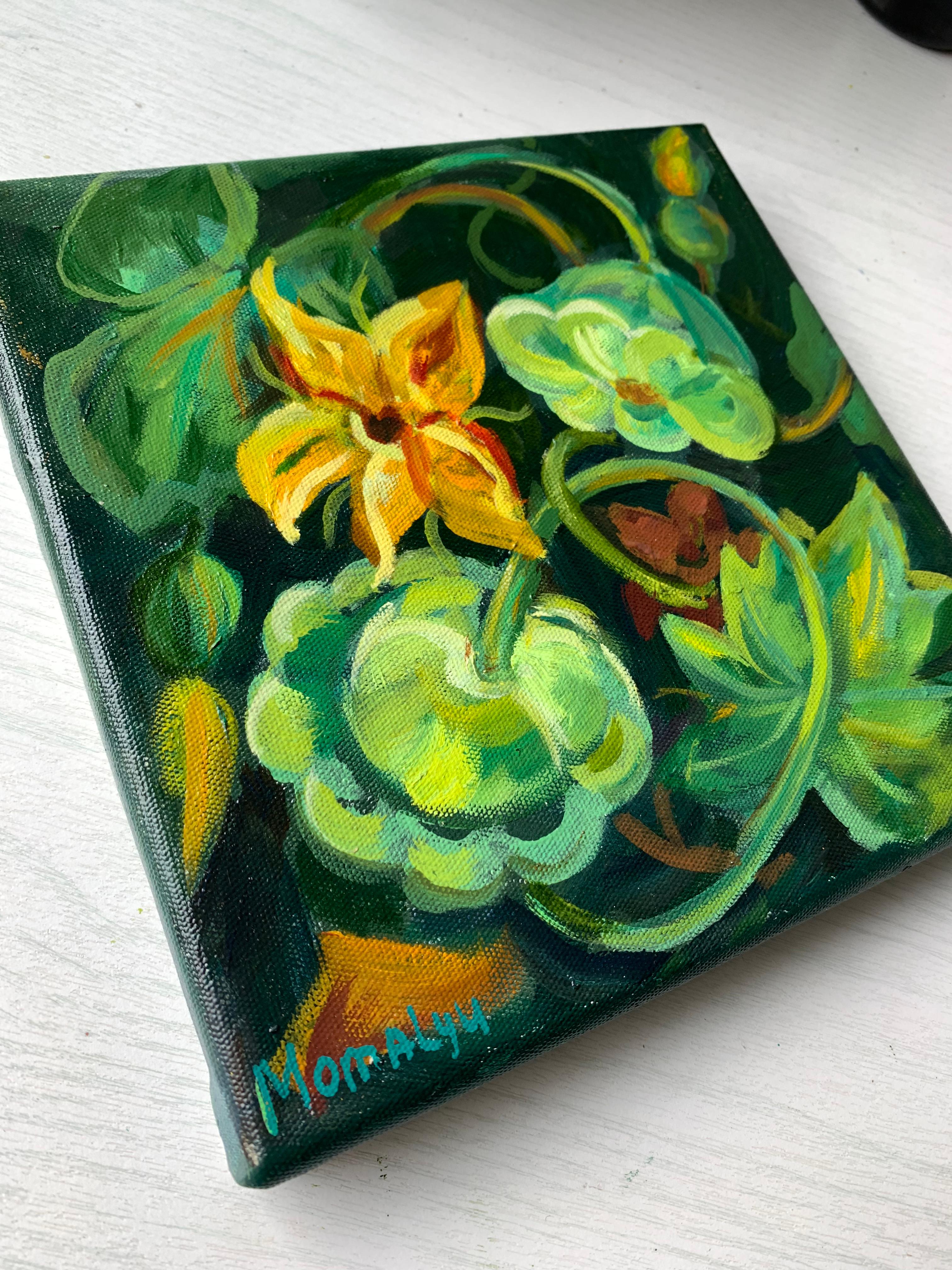Patisson curls. Ornate plants. Miniature  oil painting. For Sale 3