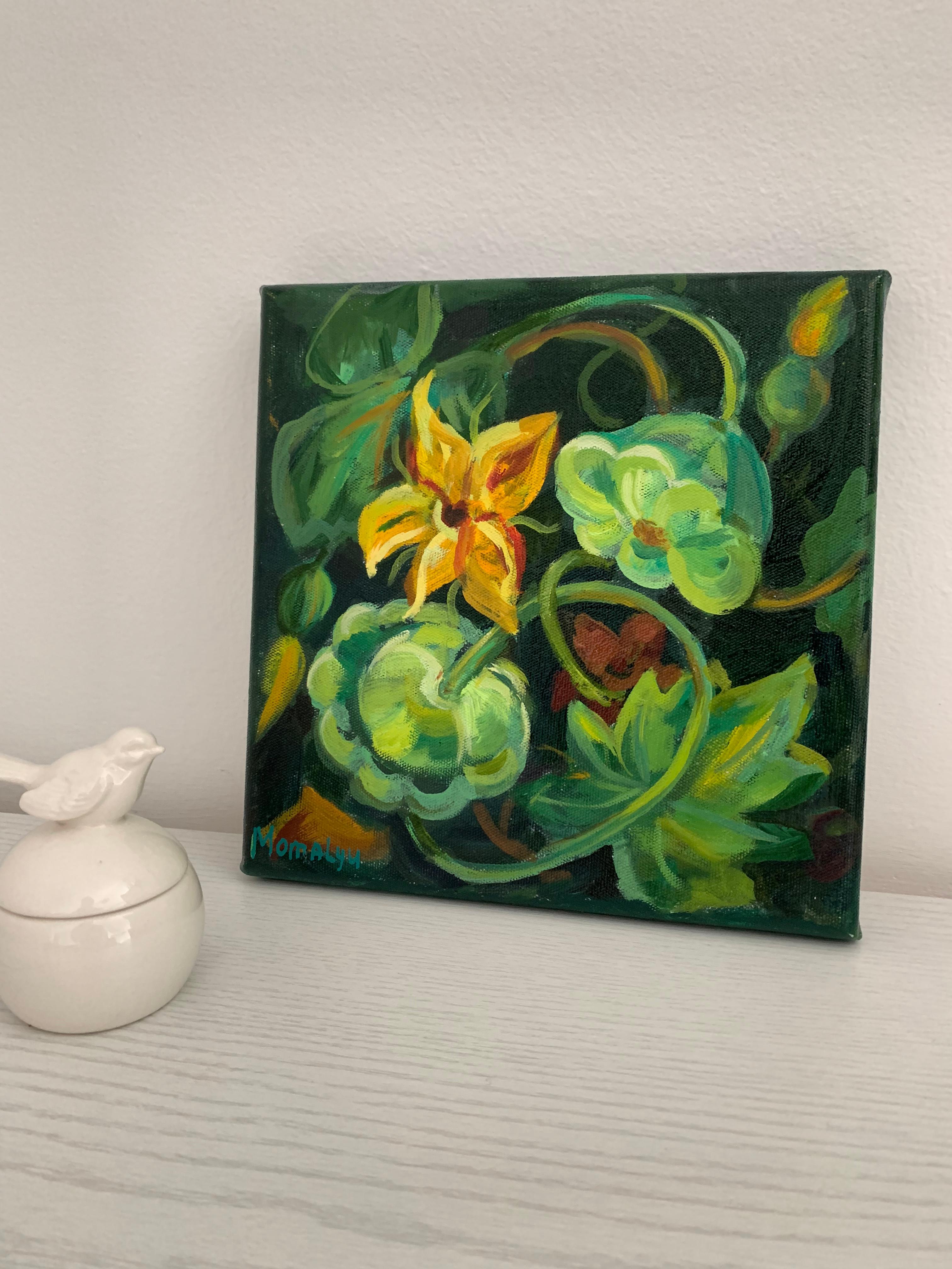 Patisson curls. Ornate plants. Miniature  oil painting. For Sale 4