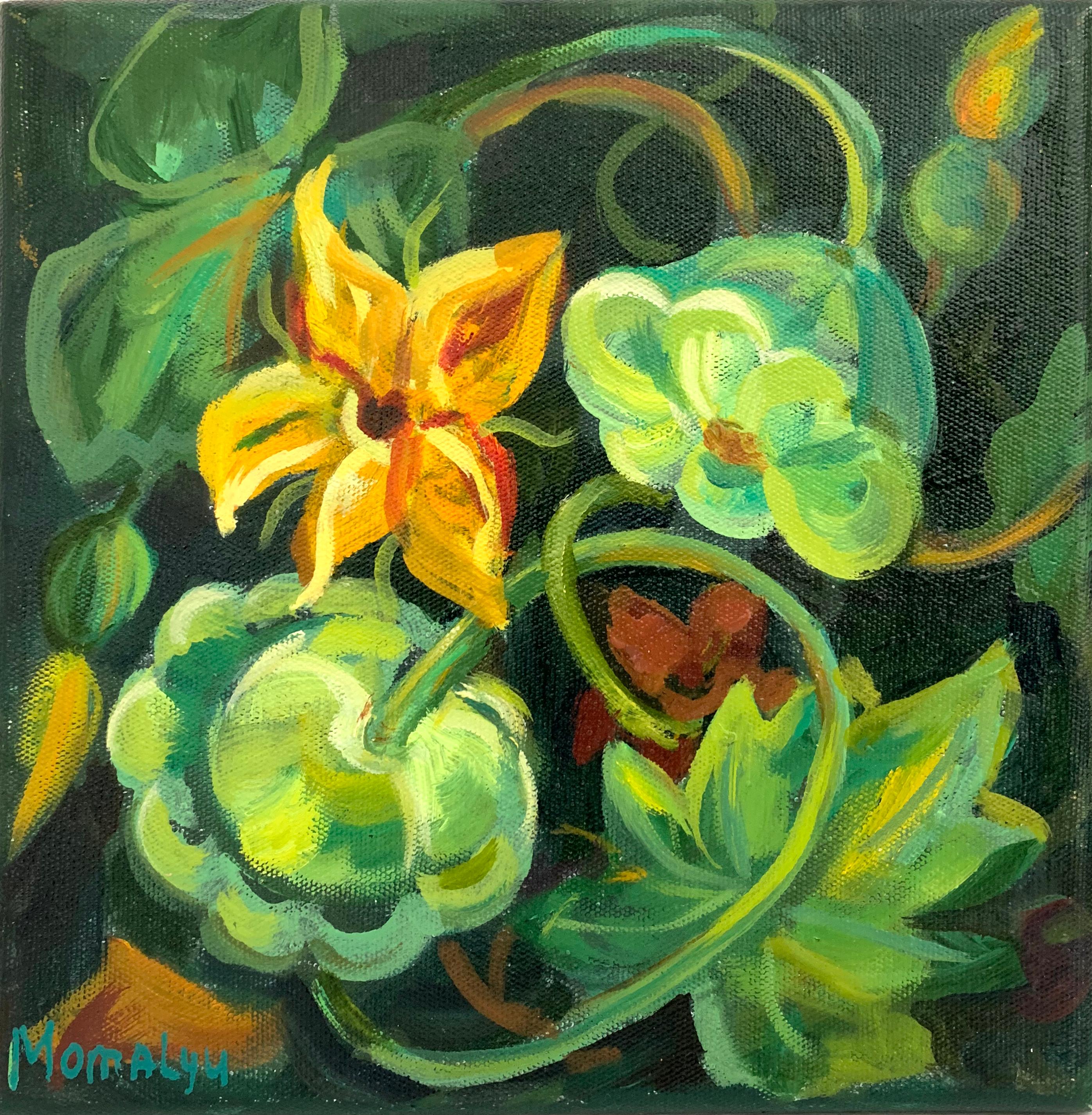 Momalyu Liubov Abstract Painting - Patisson curls. Ornate plants. Miniature  oil painting.