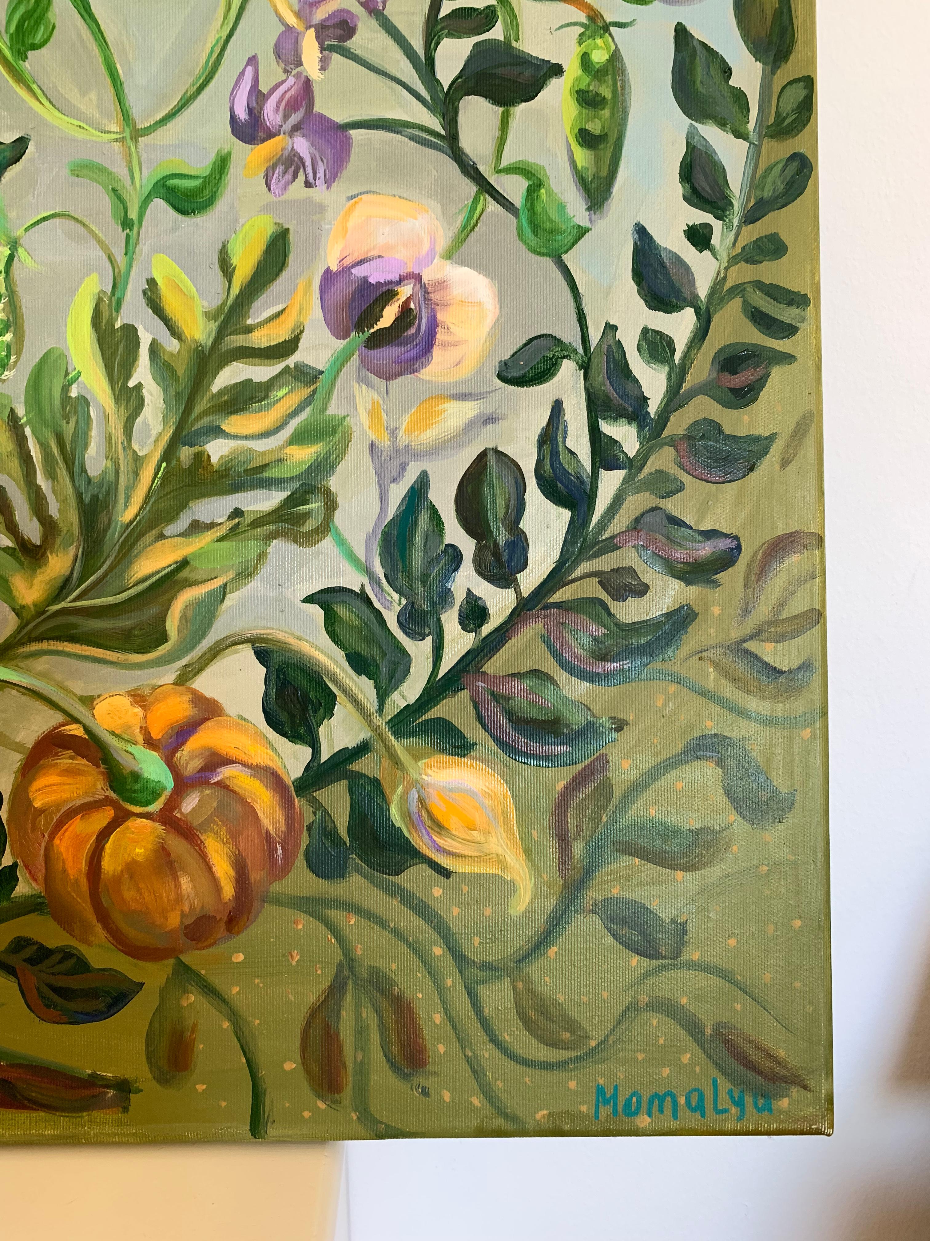 Reino pacífico de las plantas. Pintura al óleo decorativa botánica en venta 6