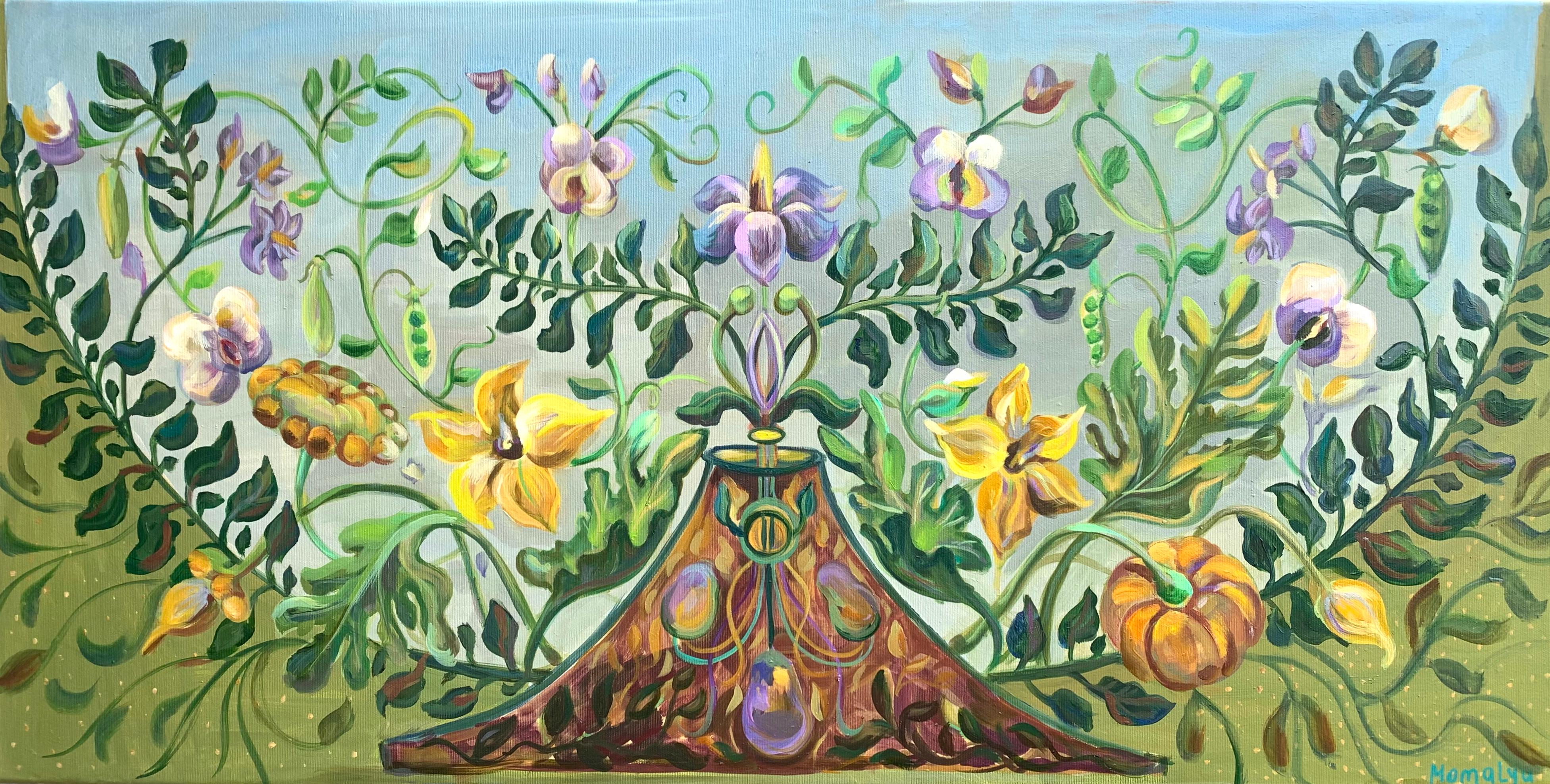 Momalyu Liubov Interior Print – Das friedliche Königreich der Pflanzen. botanisches dekoratives Ölgemälde