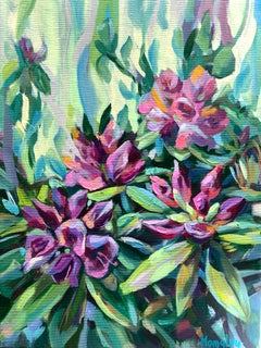  Floraison rose. Rhododendron . Peinture à l'huile