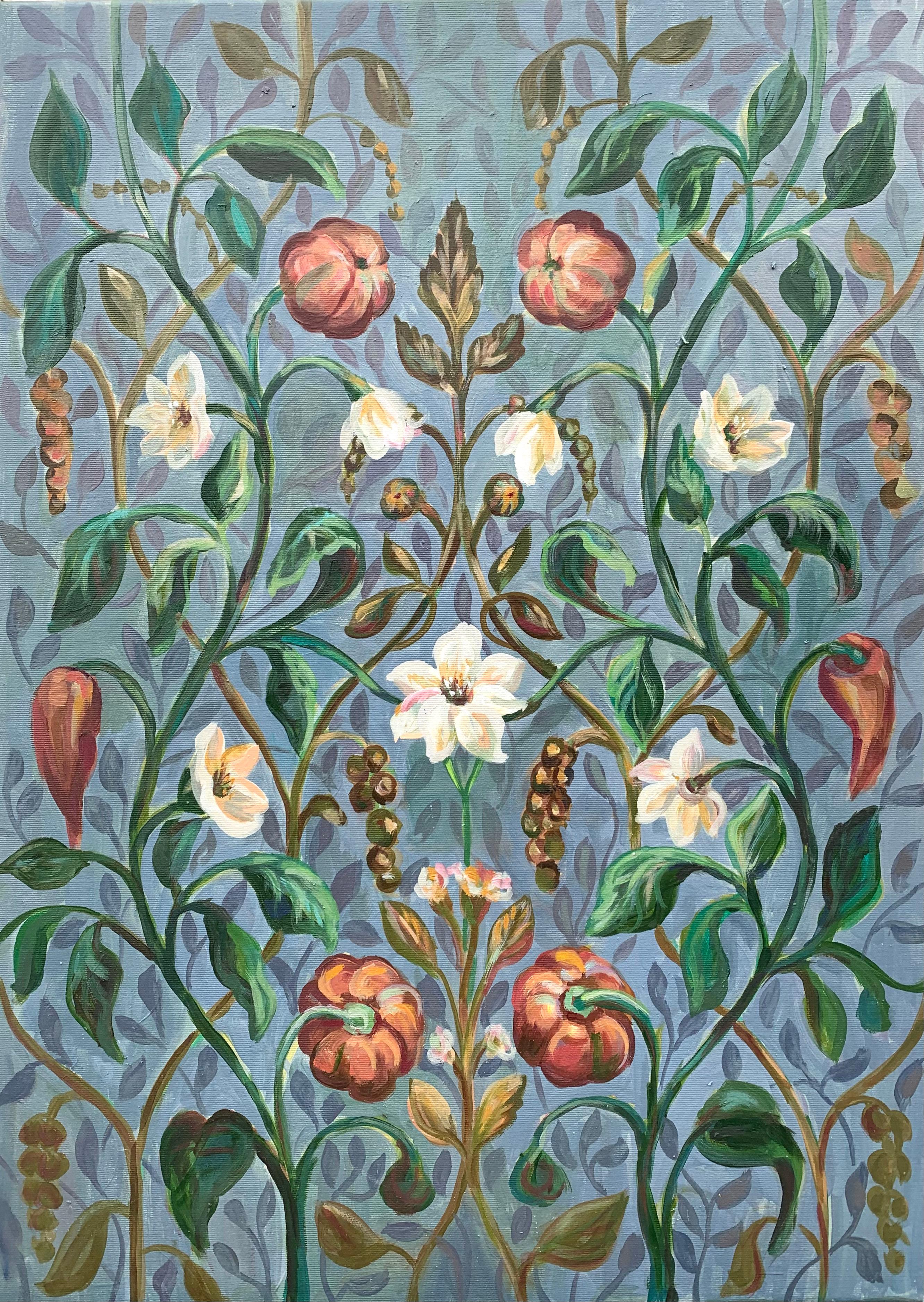 Momalyu Liubov Interior Painting – Polyphonie der Gefühle. botanisches Muster im Vintage-Stil. Ölgemälde