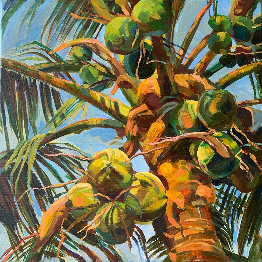 Sunlit. Serenity on a summer evening in tropical . Original oil painting