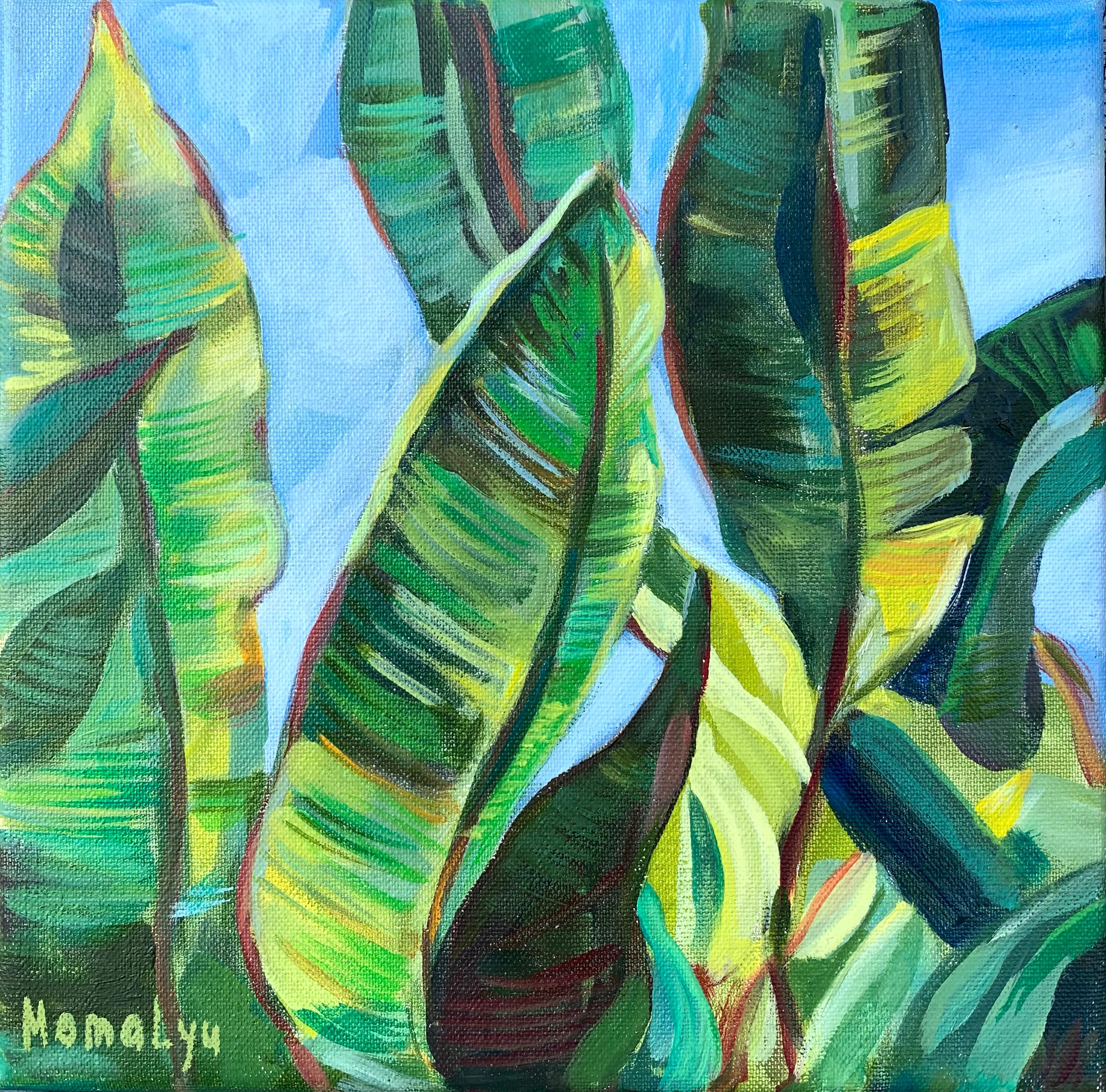«Sunlight game». Green Tropical garden- miniature oil painting 1