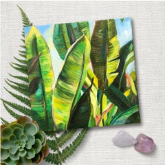 "Juego de la luz solar". Jardín tropical verde- pintura al óleo en miniatura