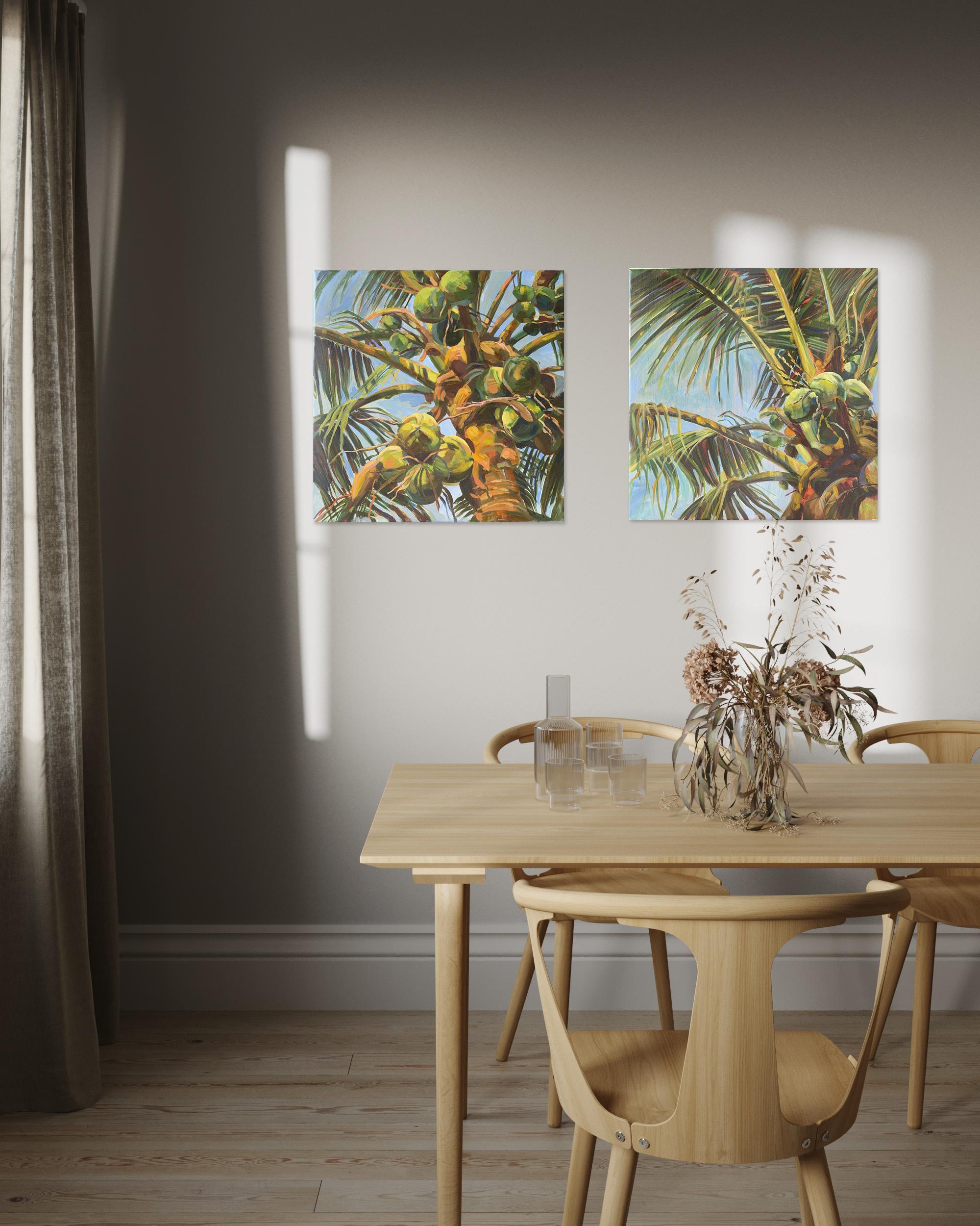 Sunlit. Serenity on a summer evening in tropical . Diptych of Original oil paint - Painting by Momalyu Liubov