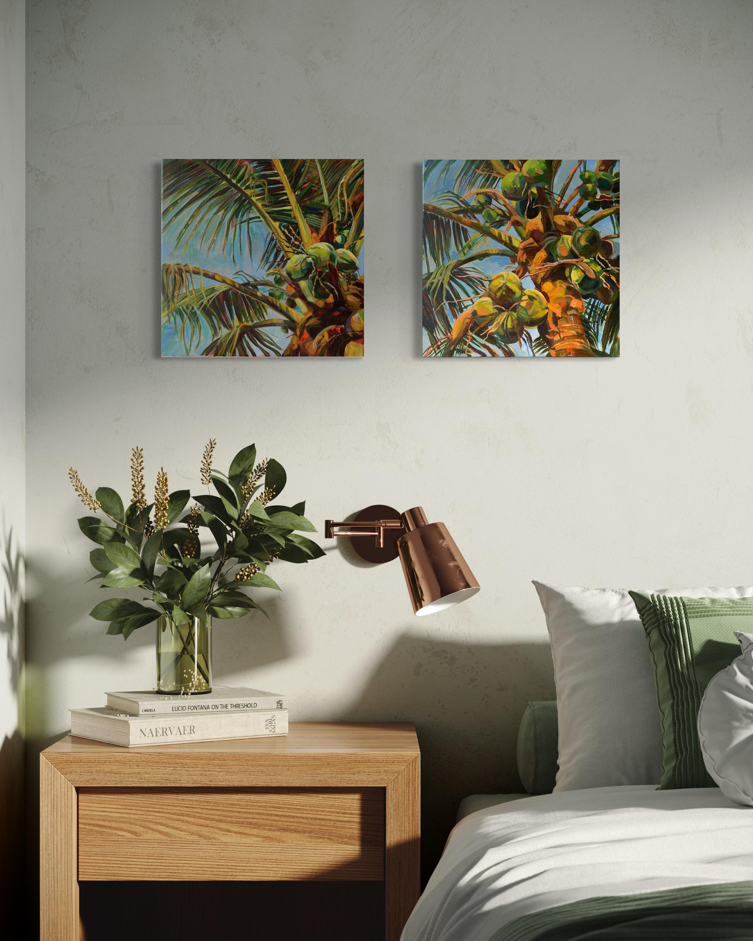 Original oil paintings  with positive mood. This  collection  was inspired by nature of tropical garden in sunny days.  Bright illumination from the sun on a coconut tree, palm trees evoke memories of a vacation in the tropics. Every plant is
