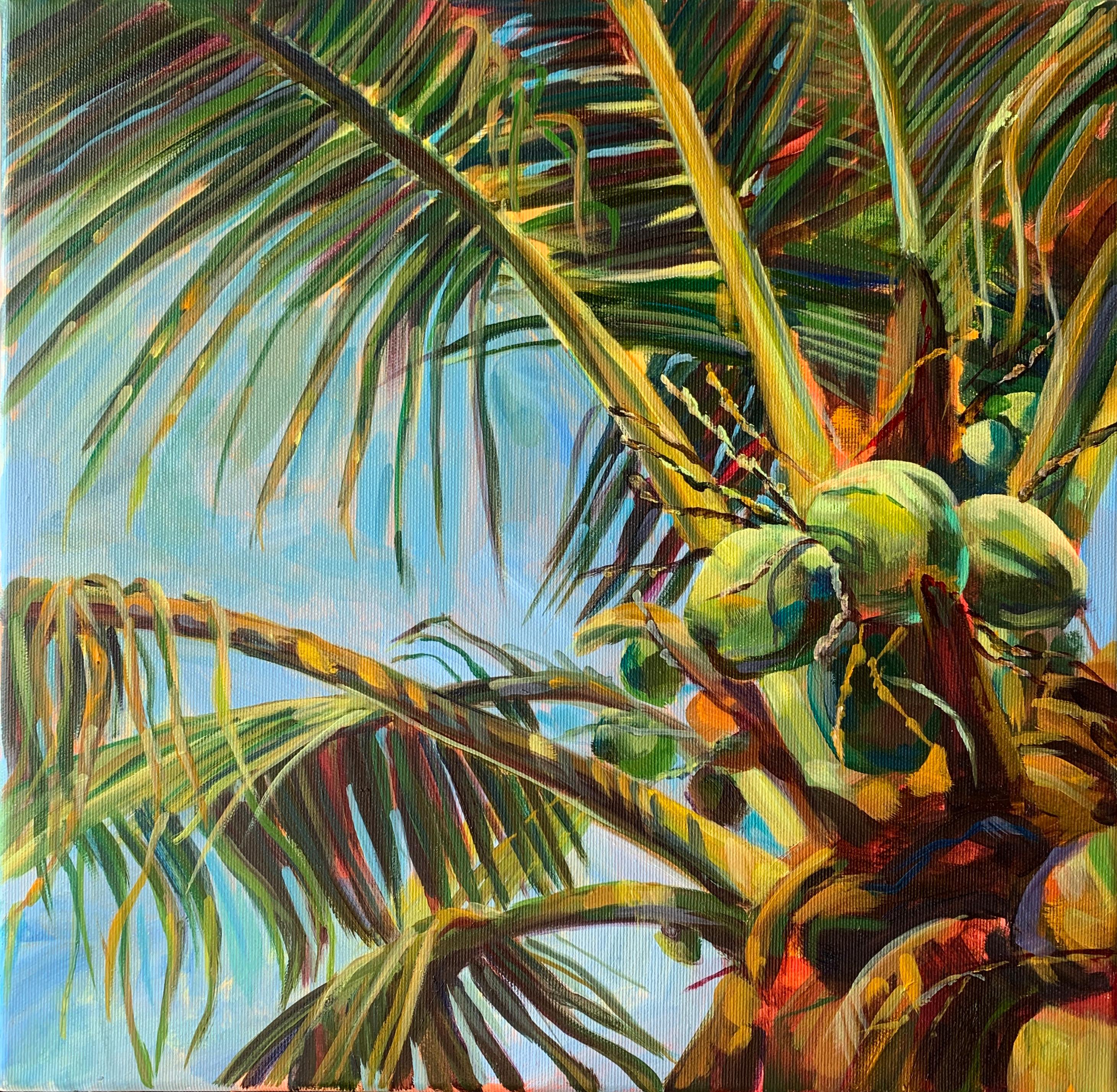 Sunlit. Serenity on a summer evening in tropical . Diptych of Original oil paint For Sale 4
