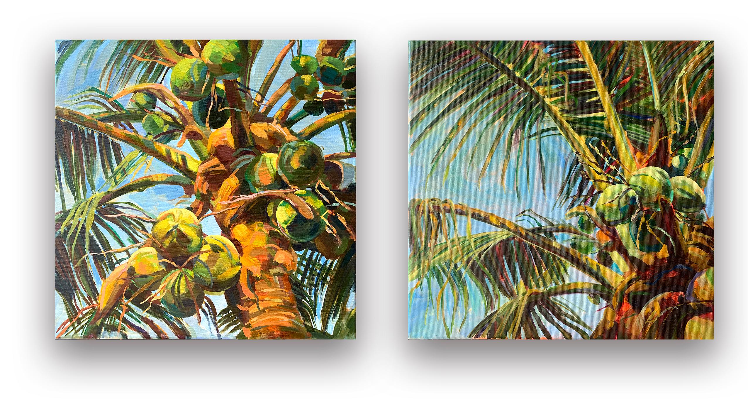 Sunlit. Serenity on a summer evening in tropical . Diptych of Original oil paint