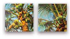 Sunlit. Serenity on a summer evening in tropical . Diptych of Original oil paint
