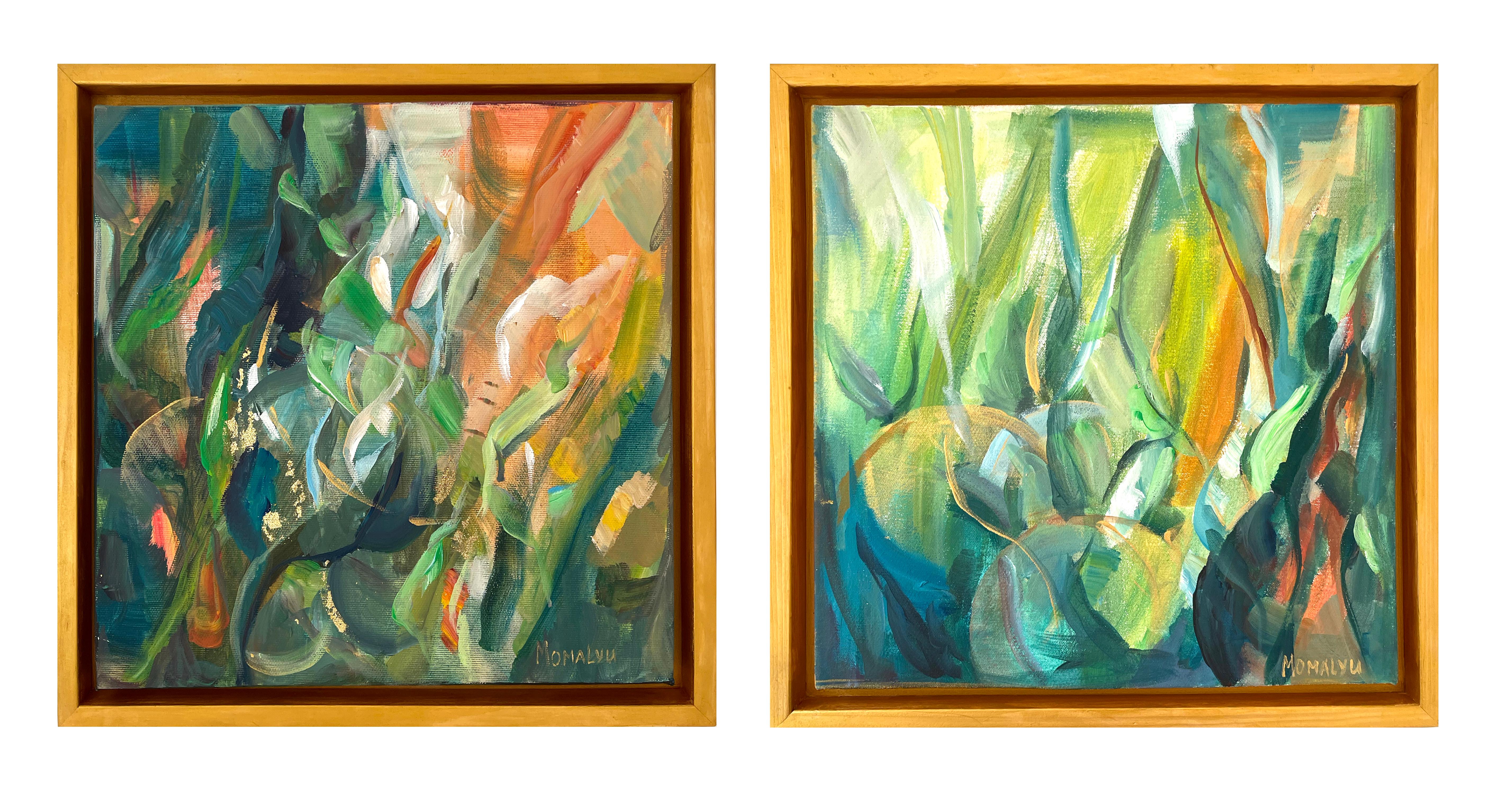 The Energy Within Nature. Diptych Abstract paintings in the wood gold frame