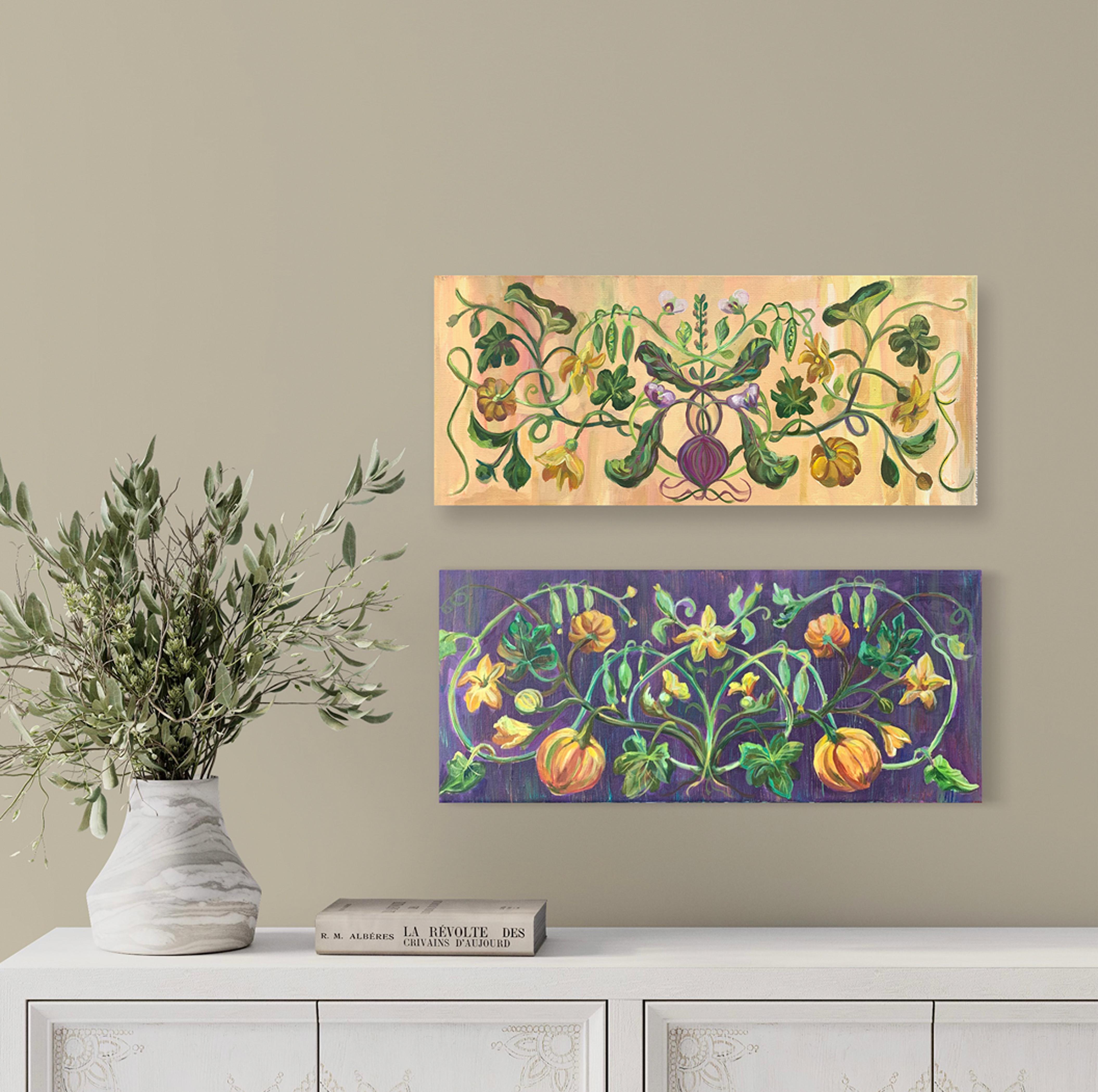 an exquisite vintage pattern of climbing plants and vegetables creating a colourful contrast on a dark purple background and beige . Diptych 

  - Original oil painting - 70х30 cm each painting  (27.6 W x 11.8 H x 0.4 D in)
 - 0.4 inch thick galley