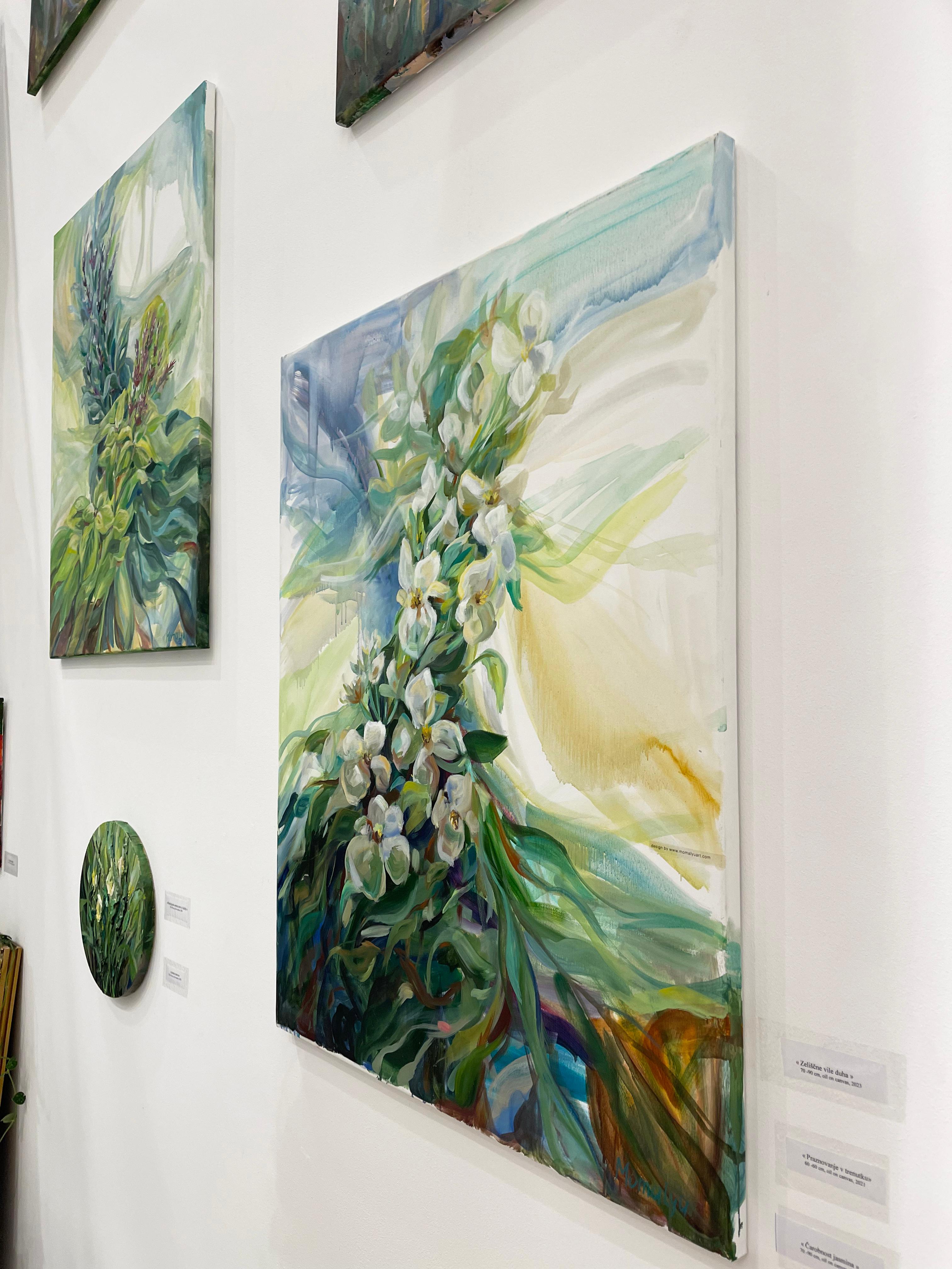 Die Magie von Jasminen.  Foliage Original Ölgemälde auf Leinwand (Grau), Landscape Painting, von Momalyu Liubov
