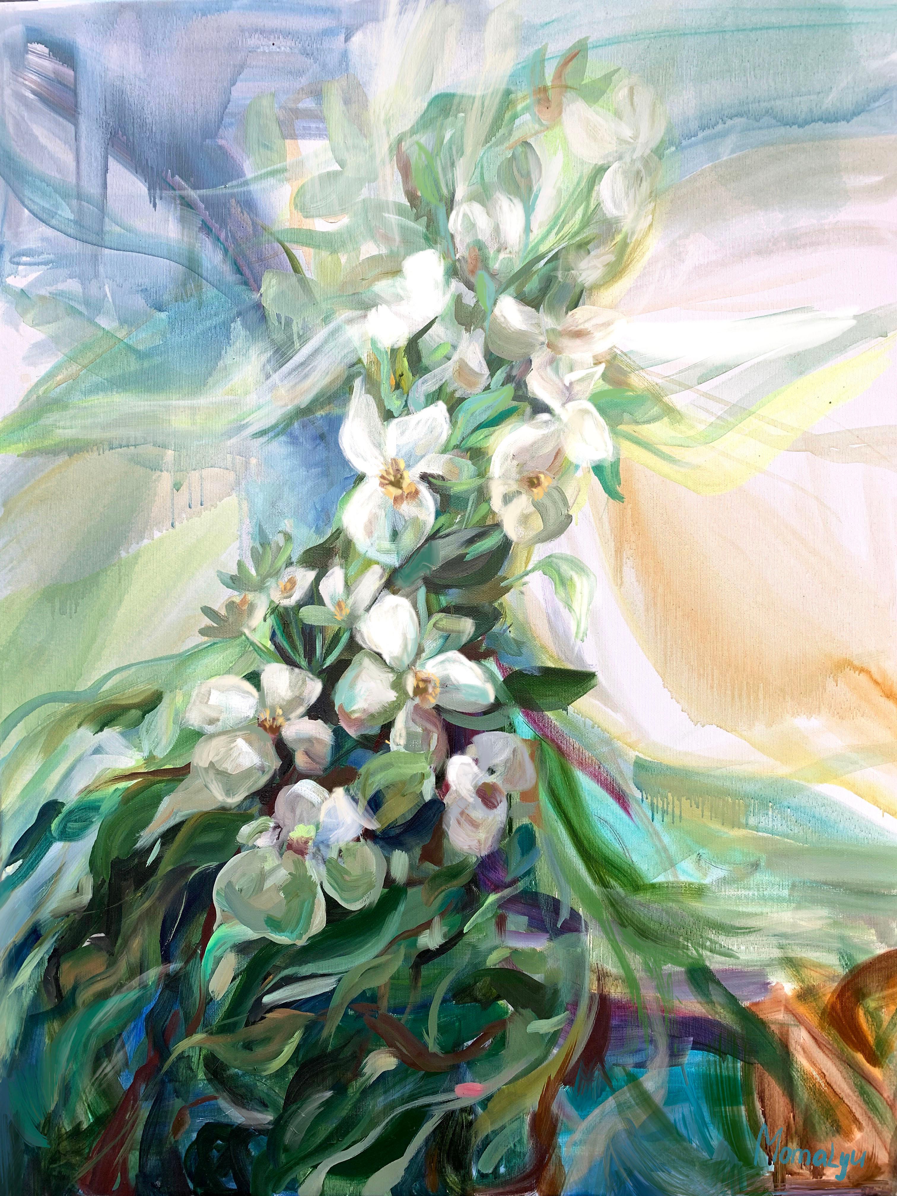 Momalyu Liubov Interior Painting - The magic of Jasmines.  Foliage Original oil painting on canvas