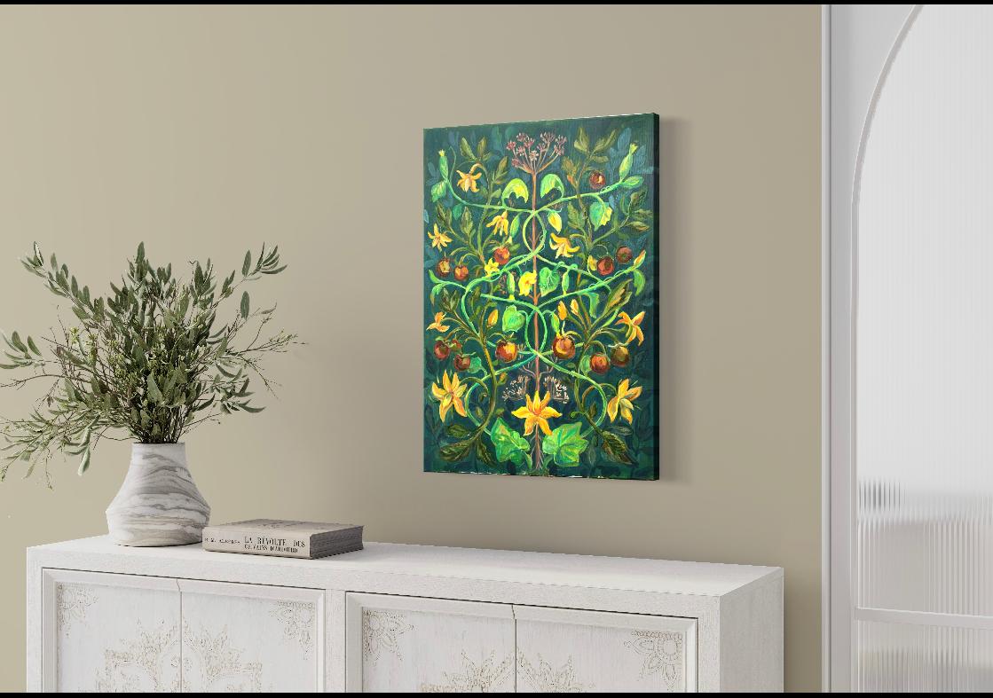Tree of life and fertility». Foliage pattern. Oil painting For Sale 1