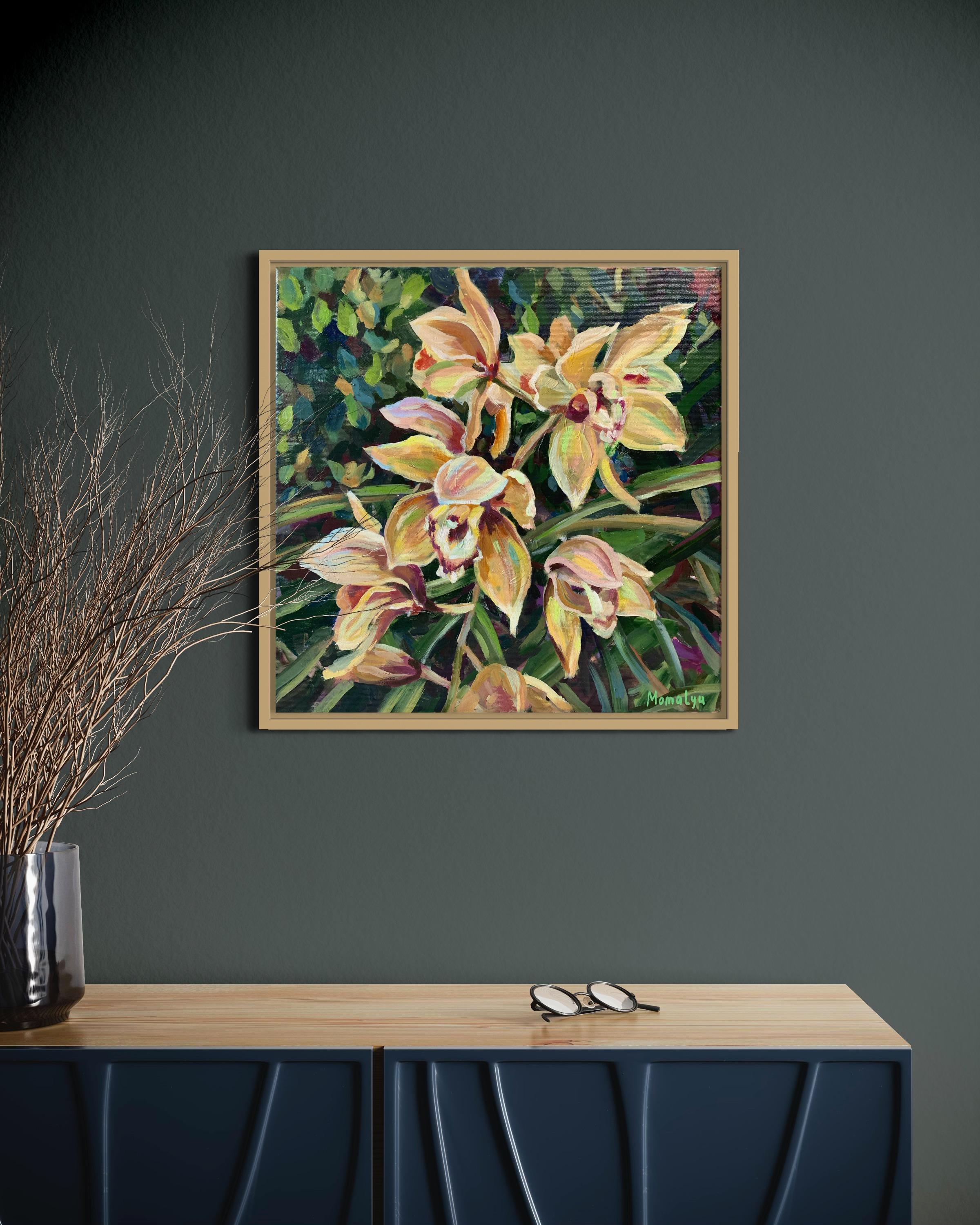 Original oil painting with positive mood. Delicate beige exotic flowers Orchids in tropical garden.
How often are we in the moment? Noticing the beauty nearby and admiring the creation of nature.
Flowers full of dignity delight us with their