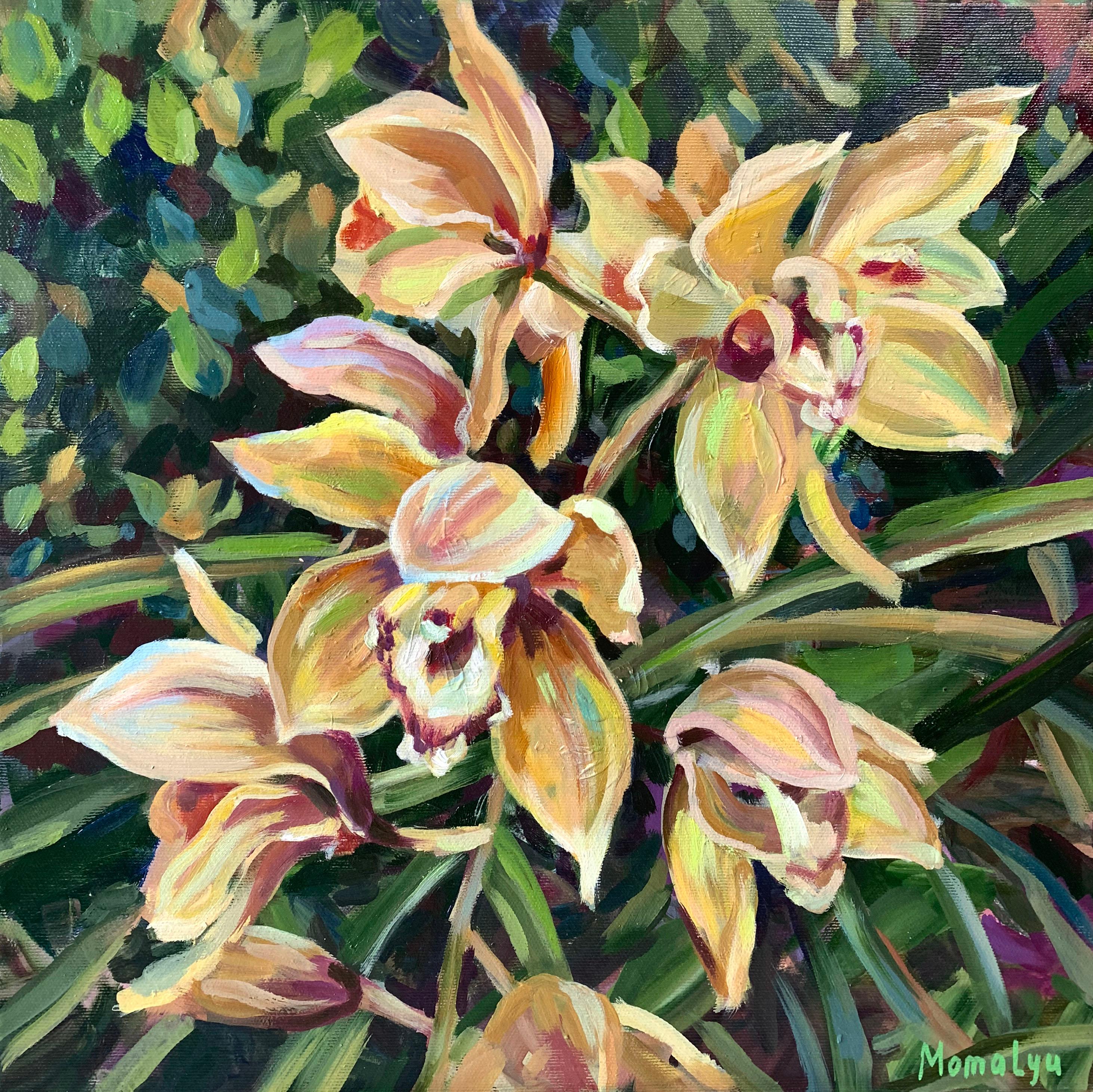 Momalyu Liubov Interior Painting - «Tropical delicate orchids".Beige flowers with green leaves.Oil paint on canvas.