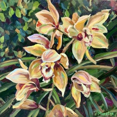 «Tropical delicate orchids".Beige flowers with green leaves.Oil paint on canvas.