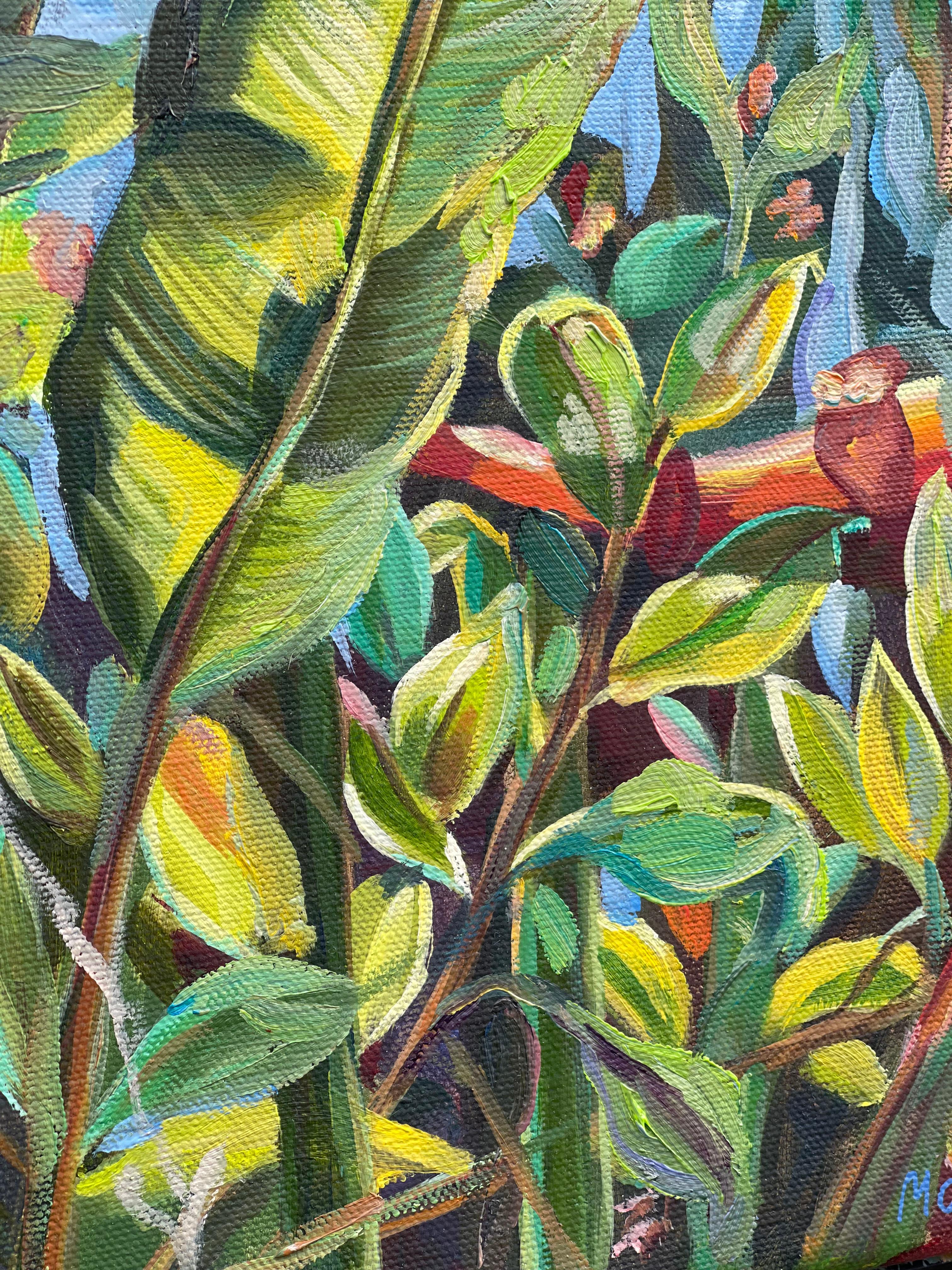 Tropische Flora. Miniatur-Ölgemälde – Painting von Momalyu Liubov
