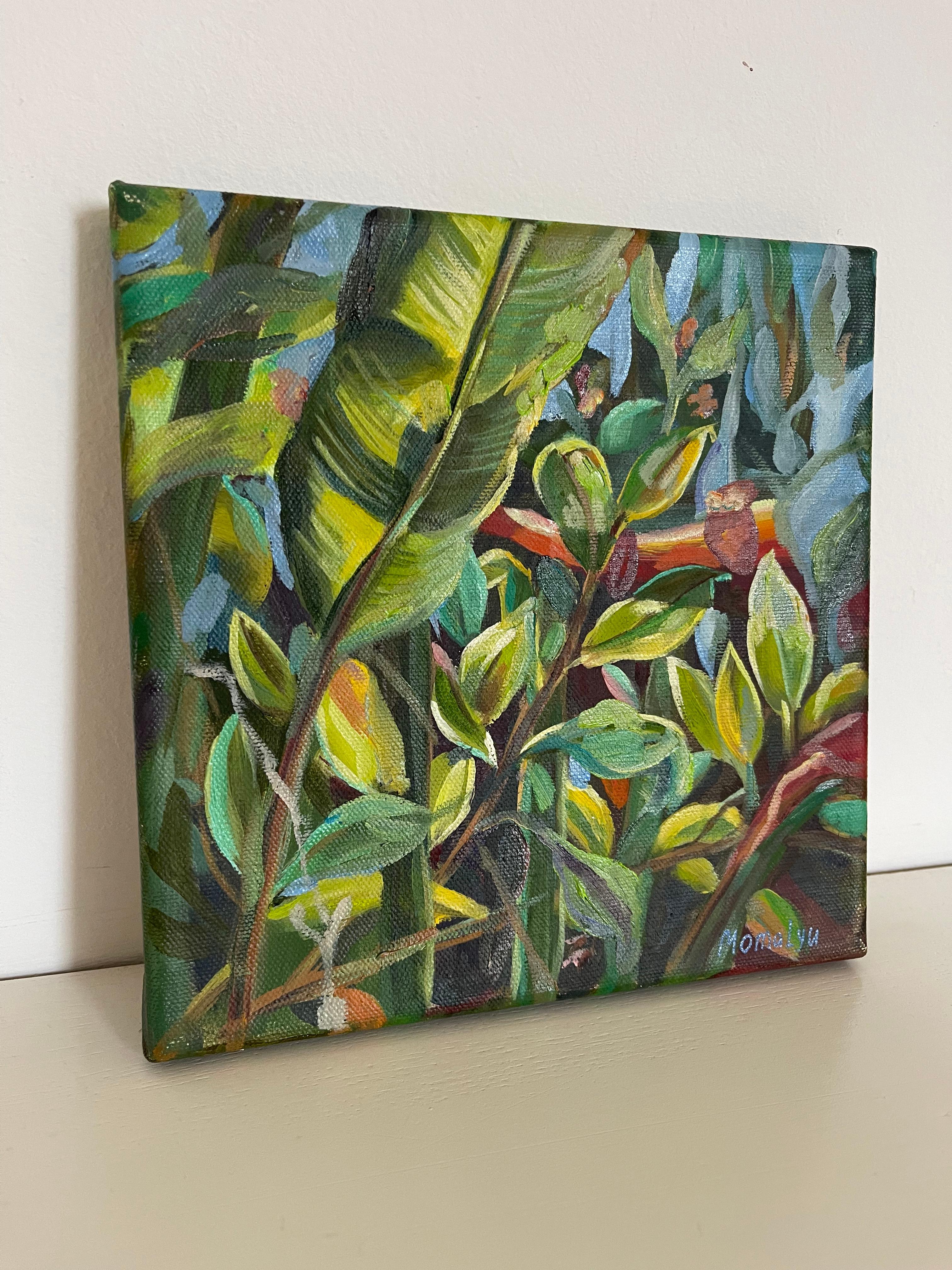 Original kleines Ölgemälde auf Leinwand. 
Wie oft sind wir in diesem Moment, wirklich fasziniert von der Schönheit der Natur, verbunden mit uns selbst? 
Erfüllt von der thailändischen Natur, drückte ich meine ganze Bewunderung für sie auf Leinwänden