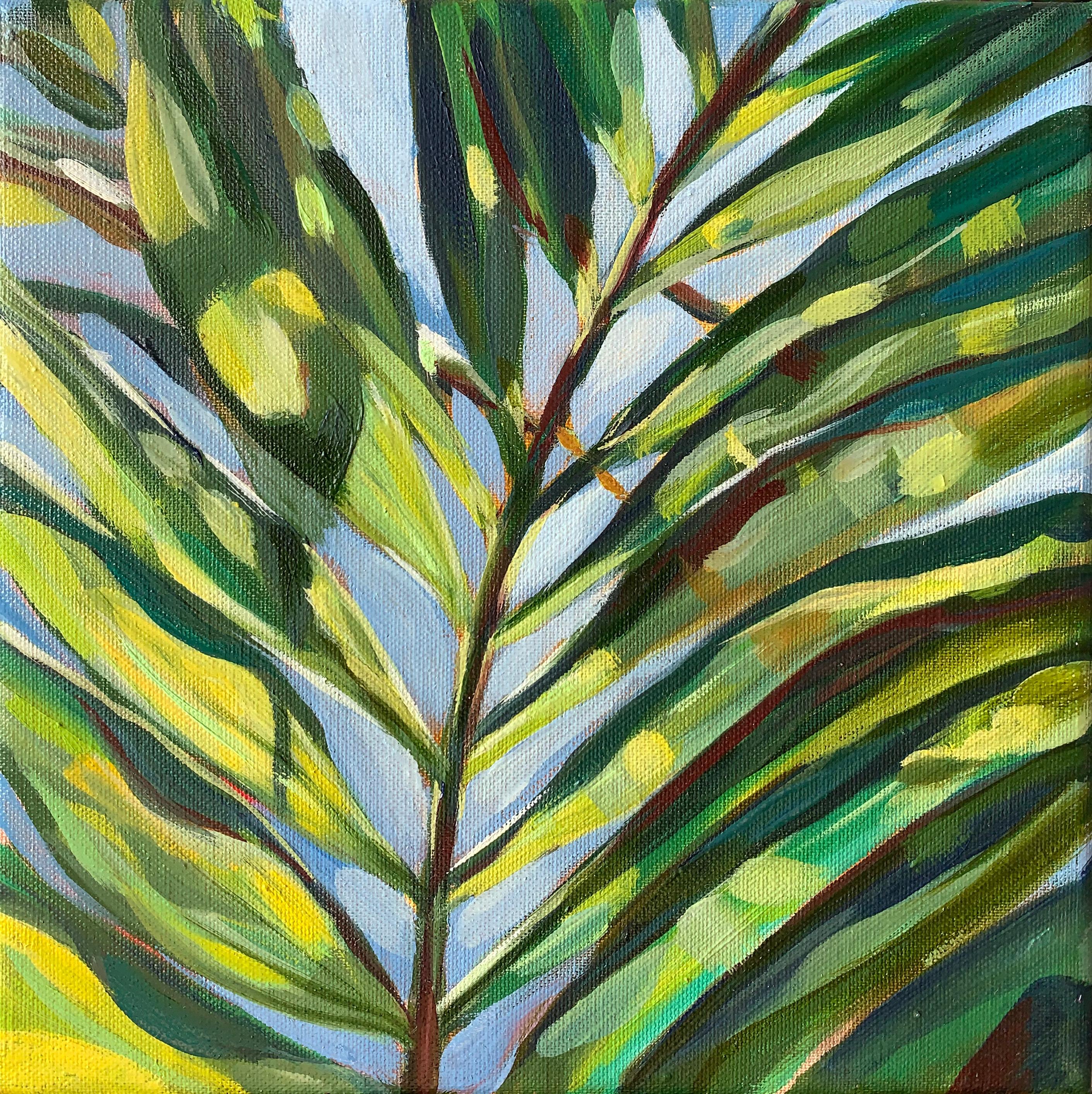 Momalyu Liubov Landscape Painting - "Tropical greeting». leaf of palm miniature oil painting