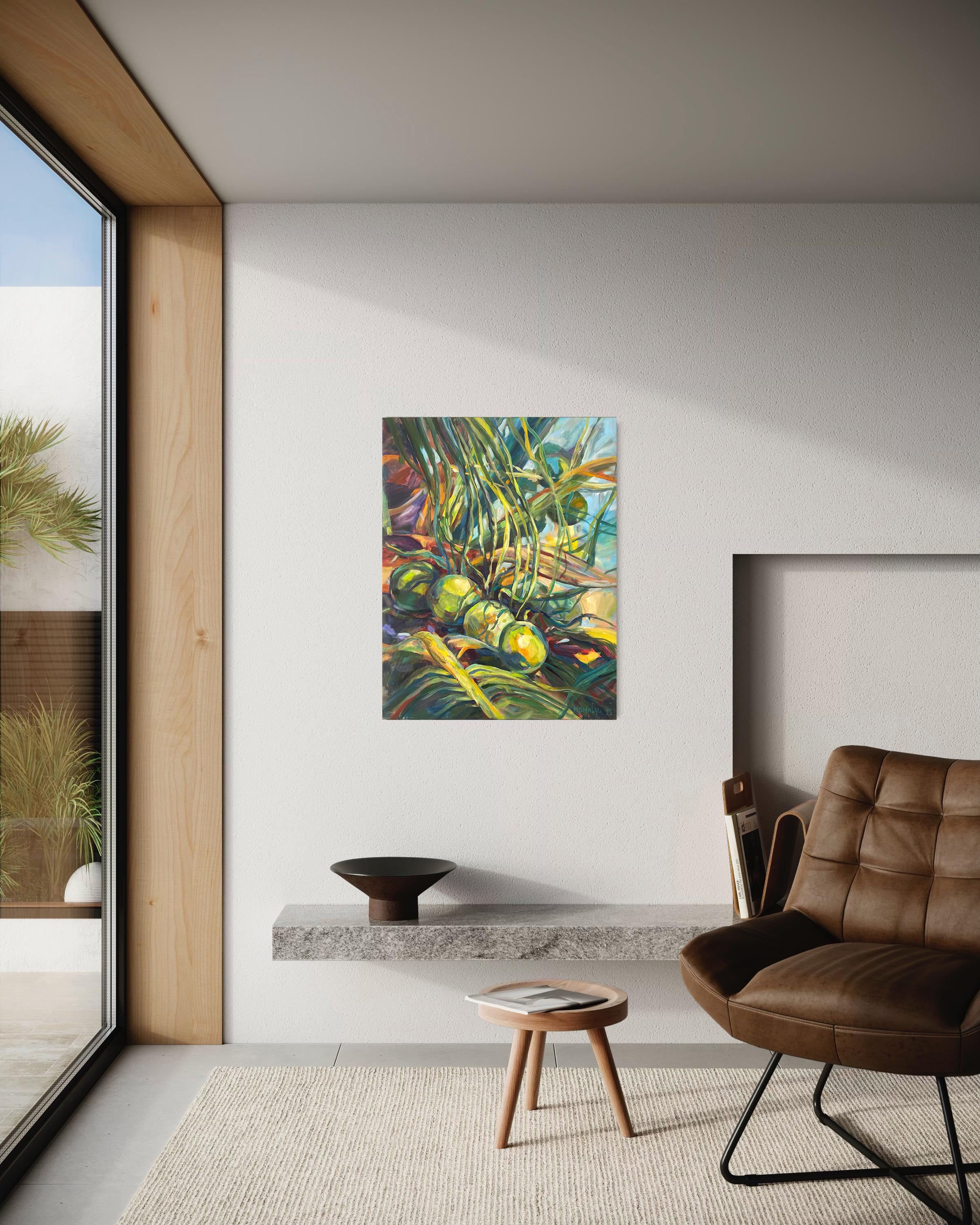 I observed this blooming coconut  tree for a long time while living in the tropics. Its blossoms, natural harmony of shapes and lines, brought me joy. I always paint from my own photographs because it is important for me to feel the beauty and
