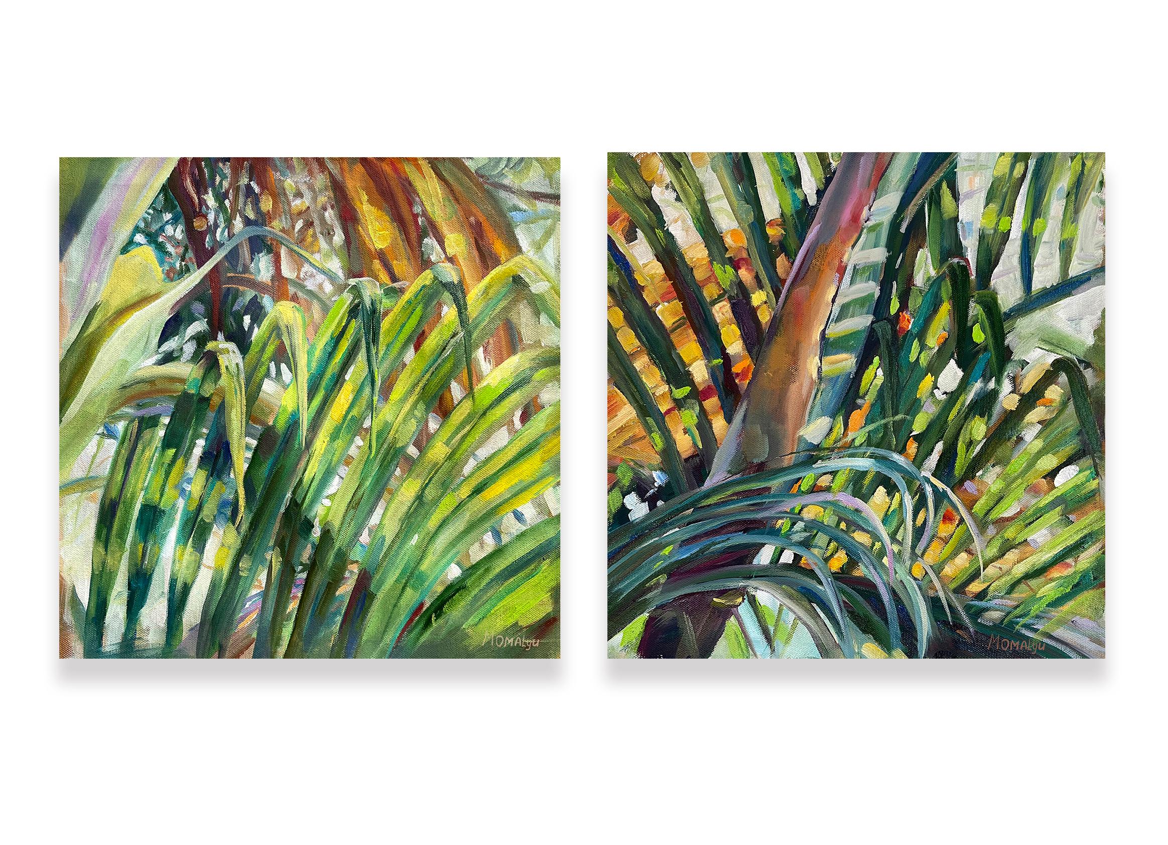 Tropical Symphony Of Colours. Diptych Greenery Square paintings