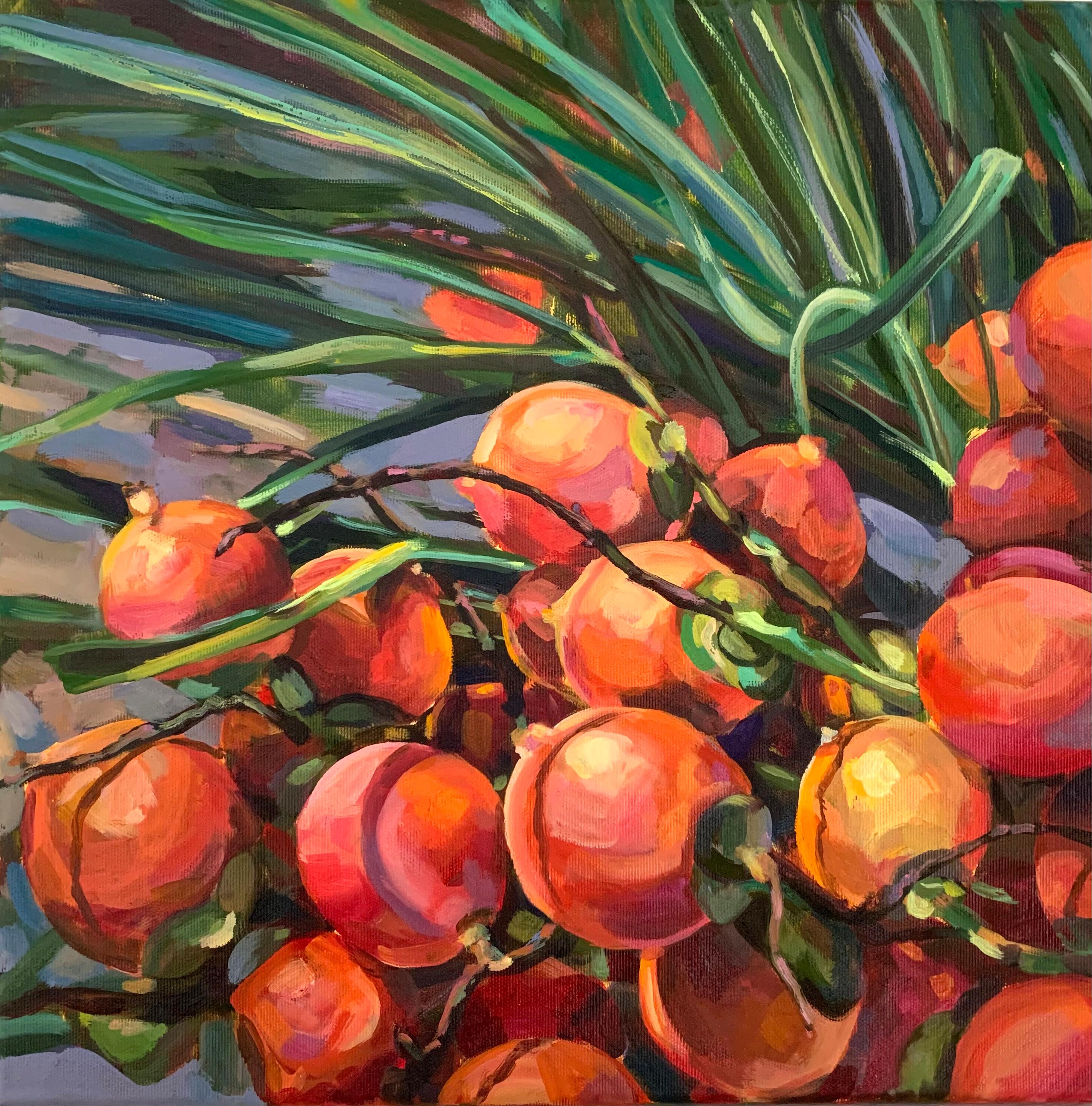 Tropical treasure. Bright peach of palms. Original artwork oil painting