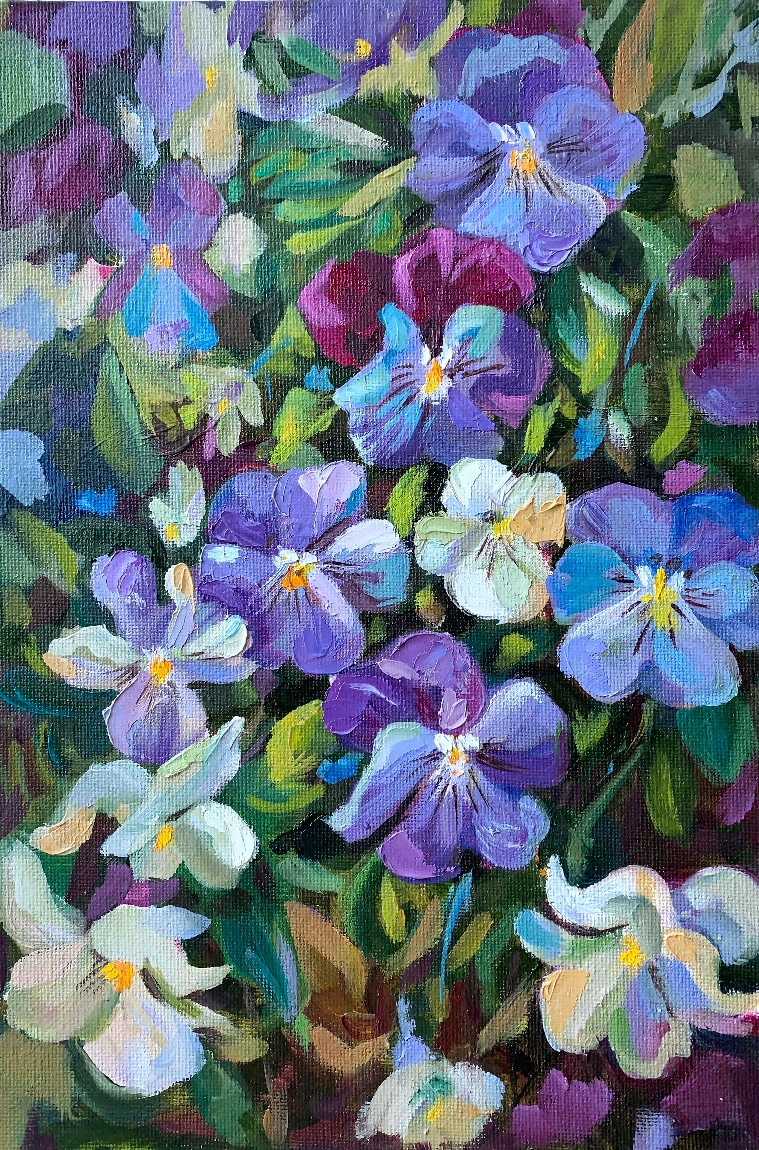 Viola. Fiori di primavera. Trittico di dipinti ad olio in vendita 7
