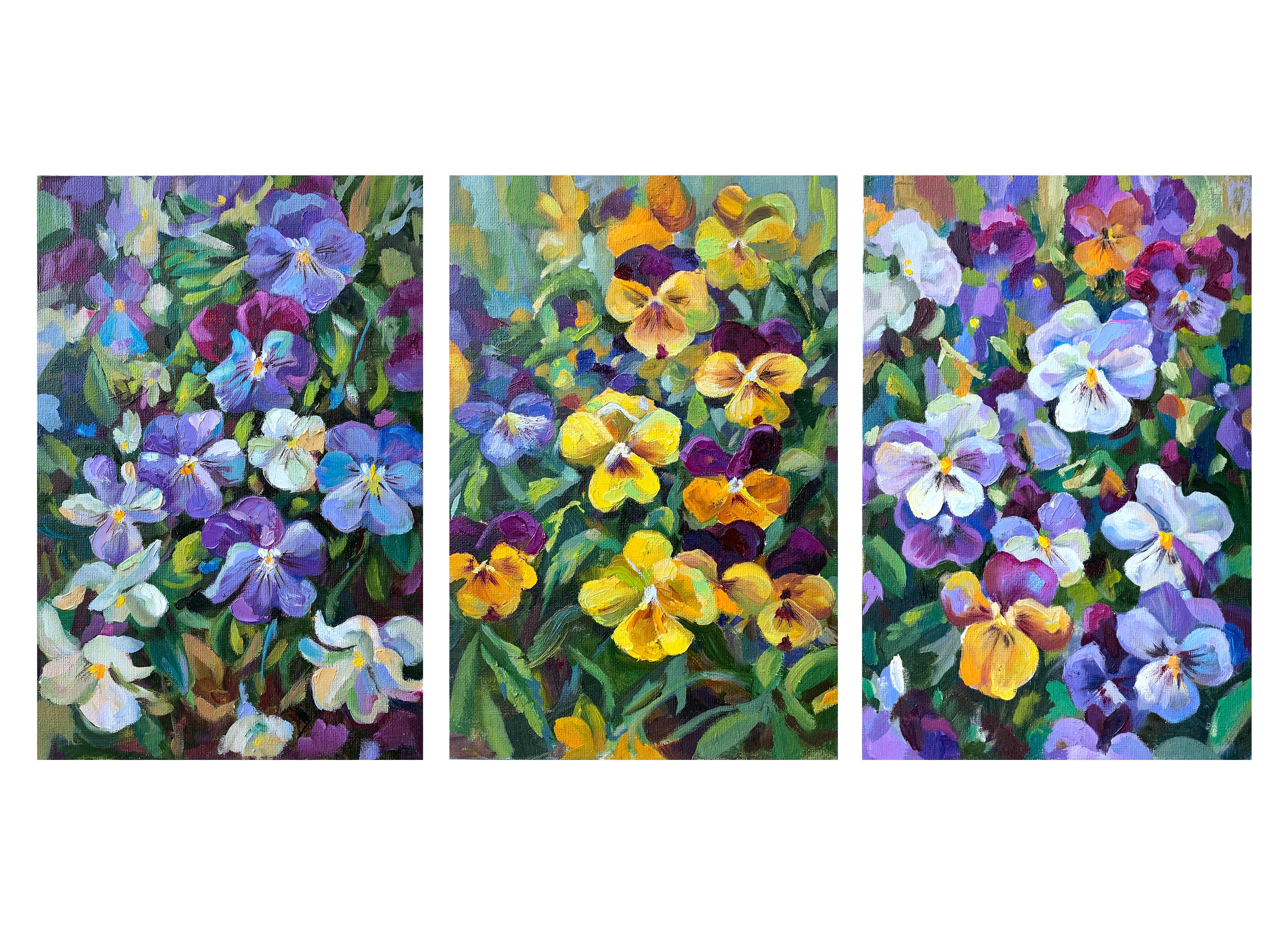Viola. Flores de primavera. Tríptico de óleos