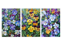 Viola. Spring flowers. Triptych of oil paintings