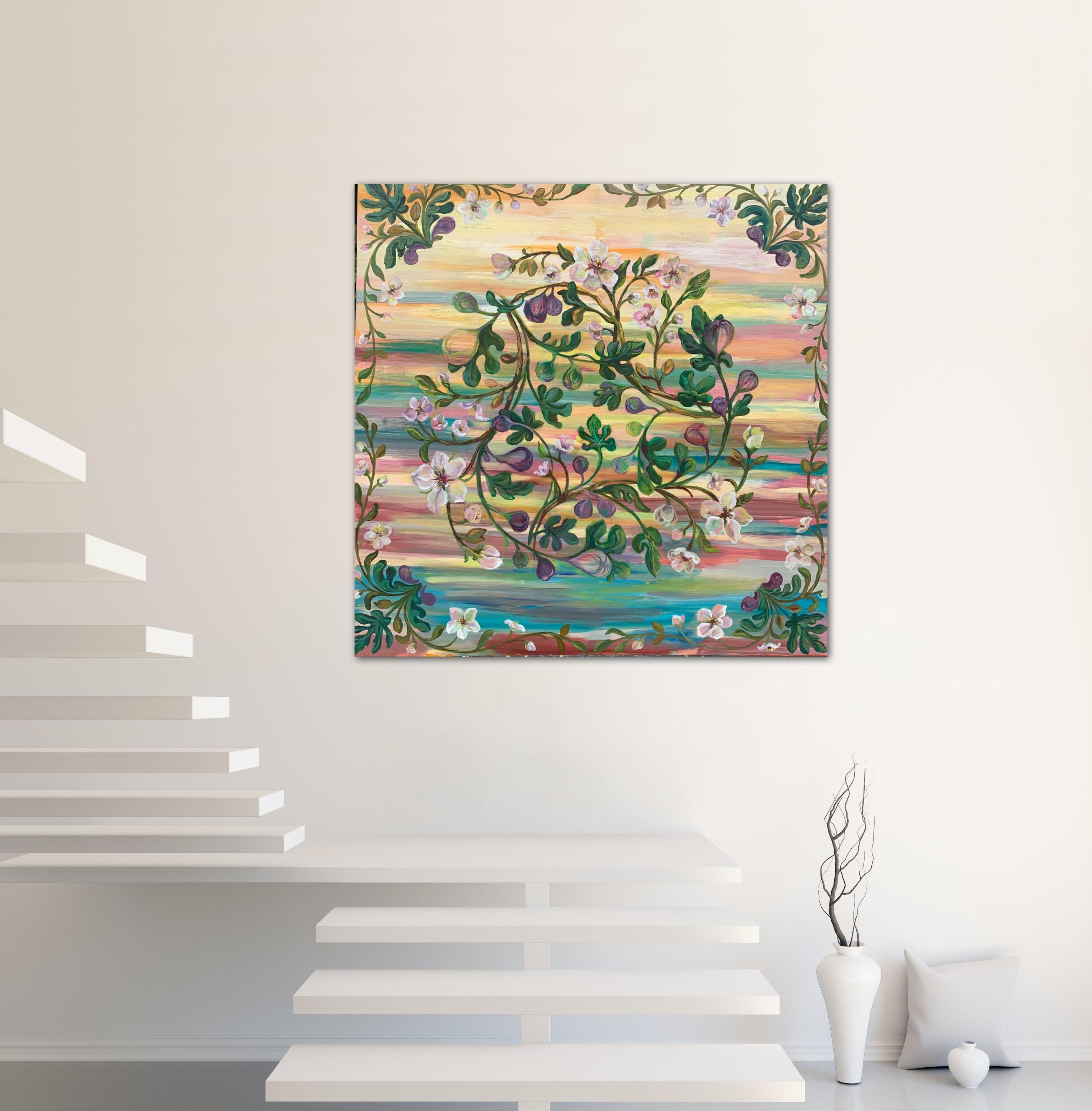 Bright colors of almond, fig blossom presented in a decorative style in a circular composition

- Original oil painting
- 100x100 cm (39.4 x 39.4 inch)
- 1.5 inch thick galley wrapped painted edges - no framing necessary.
- wired, signed and ready