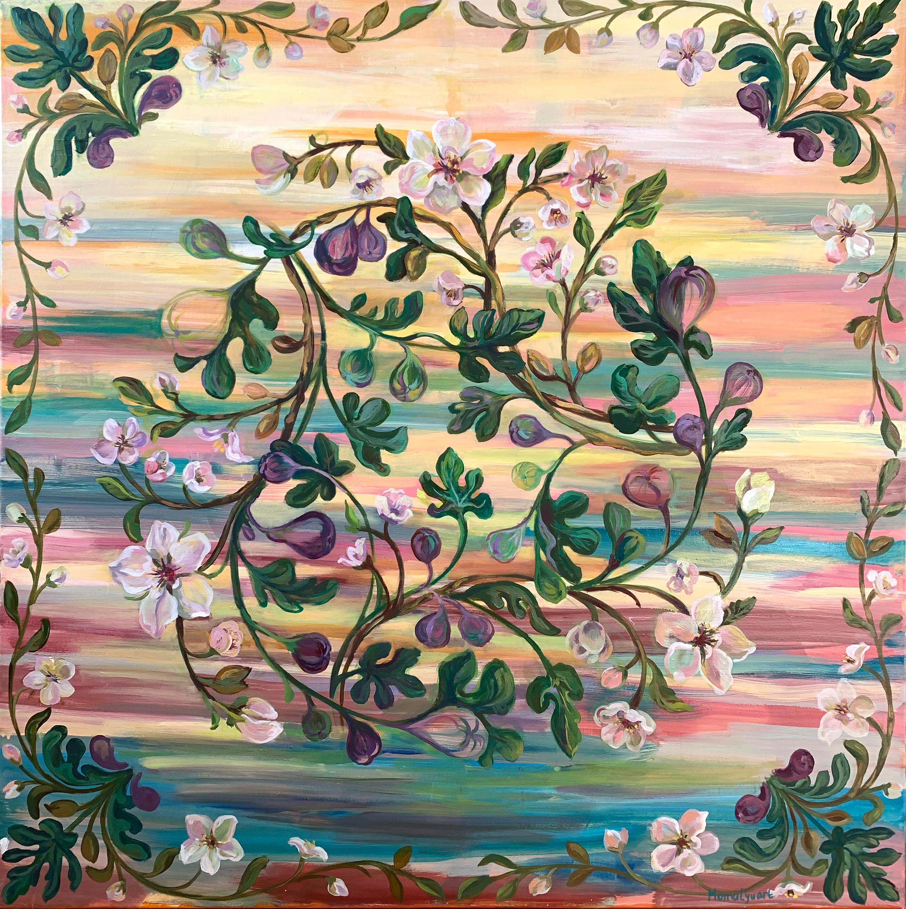 Momalyu Liubov Interior Painting - «Waltz of bloom". Floral decorative folk art . large  oil painting
