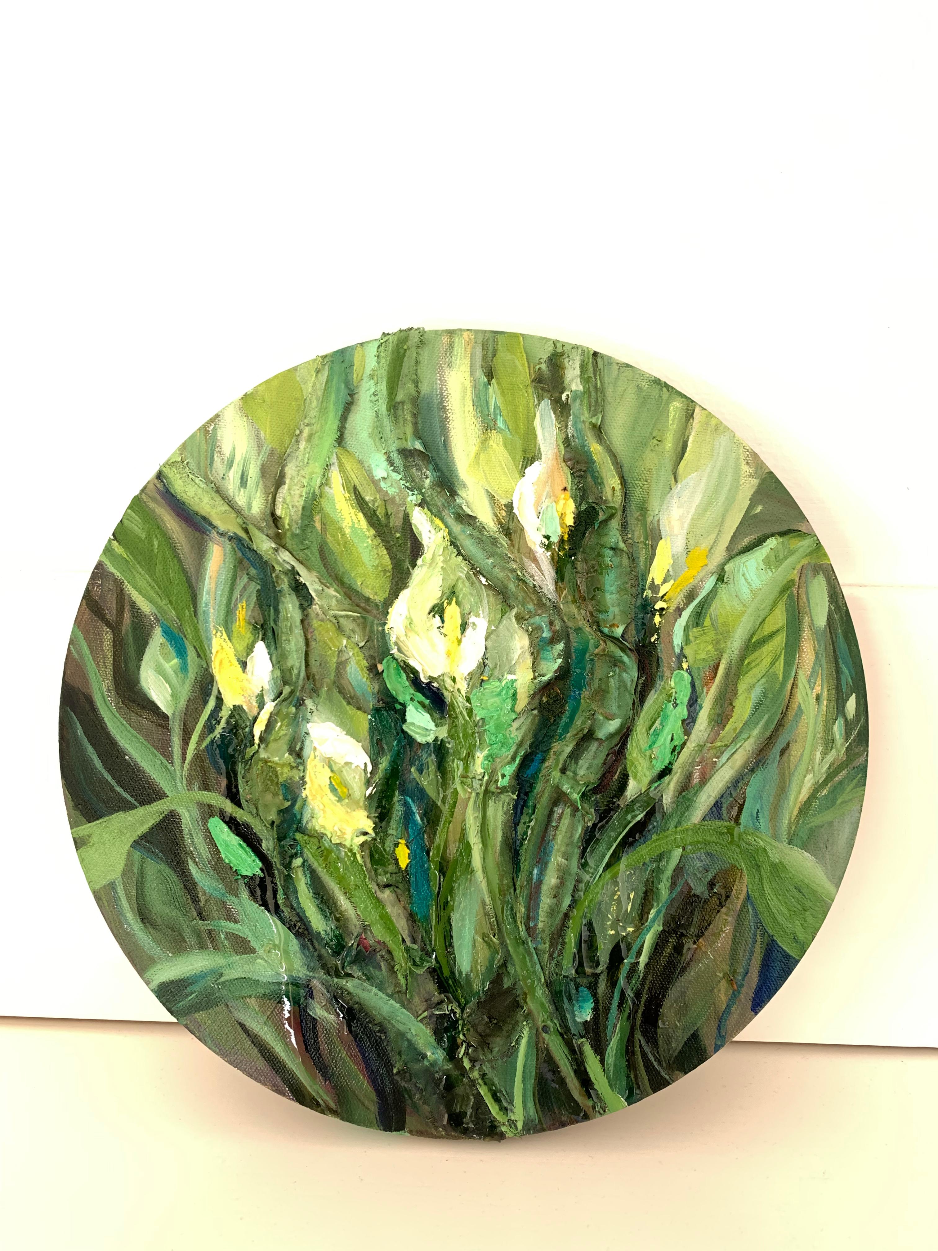 "La nature de la femme".  Peinture originale sur toile, cercle texturé vert floral. 