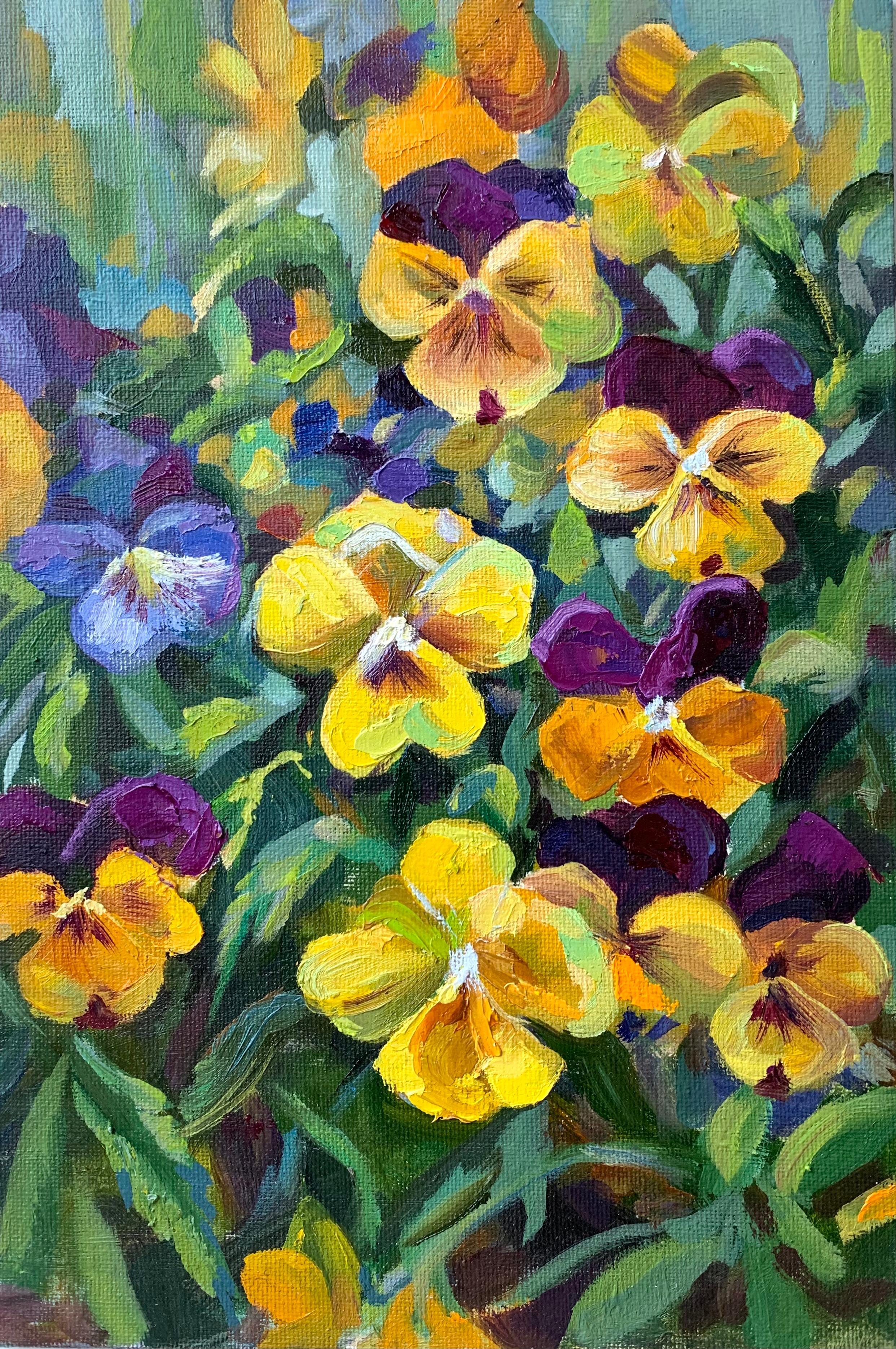 Viola amarilla. Flores de primavera. 2 del Tríptico - Still-Life Painting Gris de Momalyu Liubov