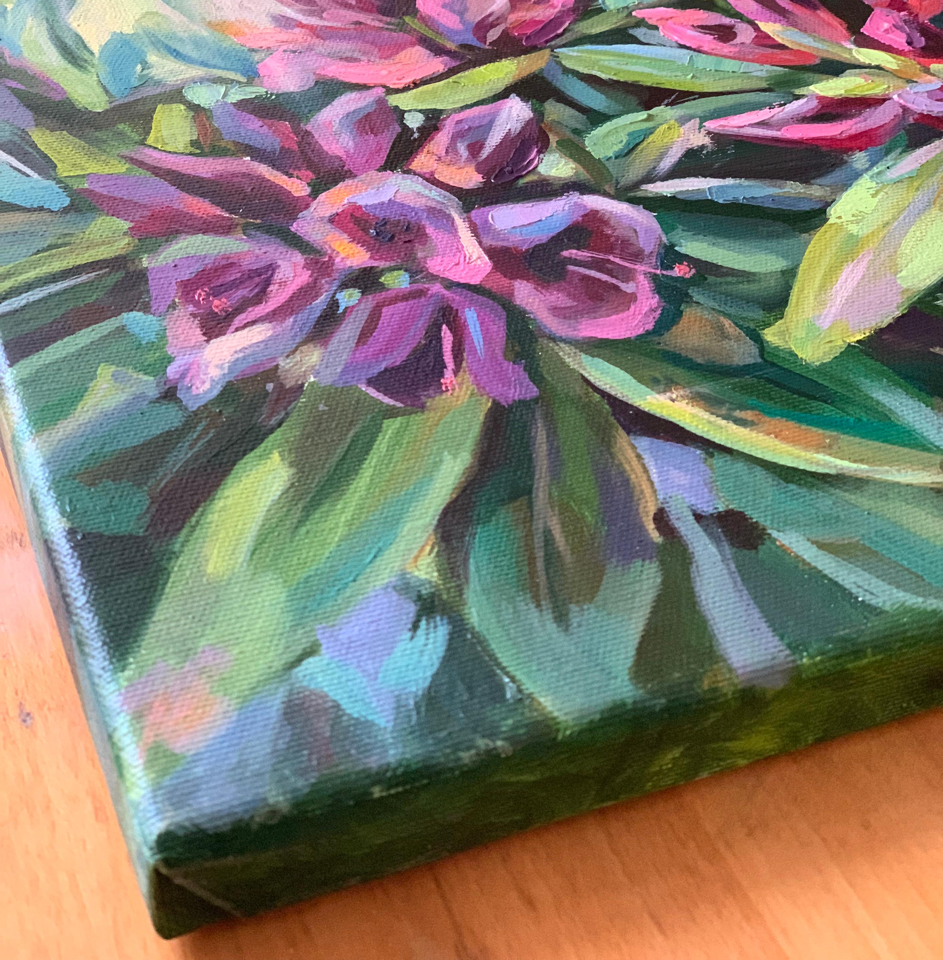 Giclée print on Canvas.
After printing on canvas, textured brushstrokes are added by hand, creating depth, dimension, and the effect of an original painting.
Rhododendron blooms in May always tell us - that summer is already here - it's near! 
The