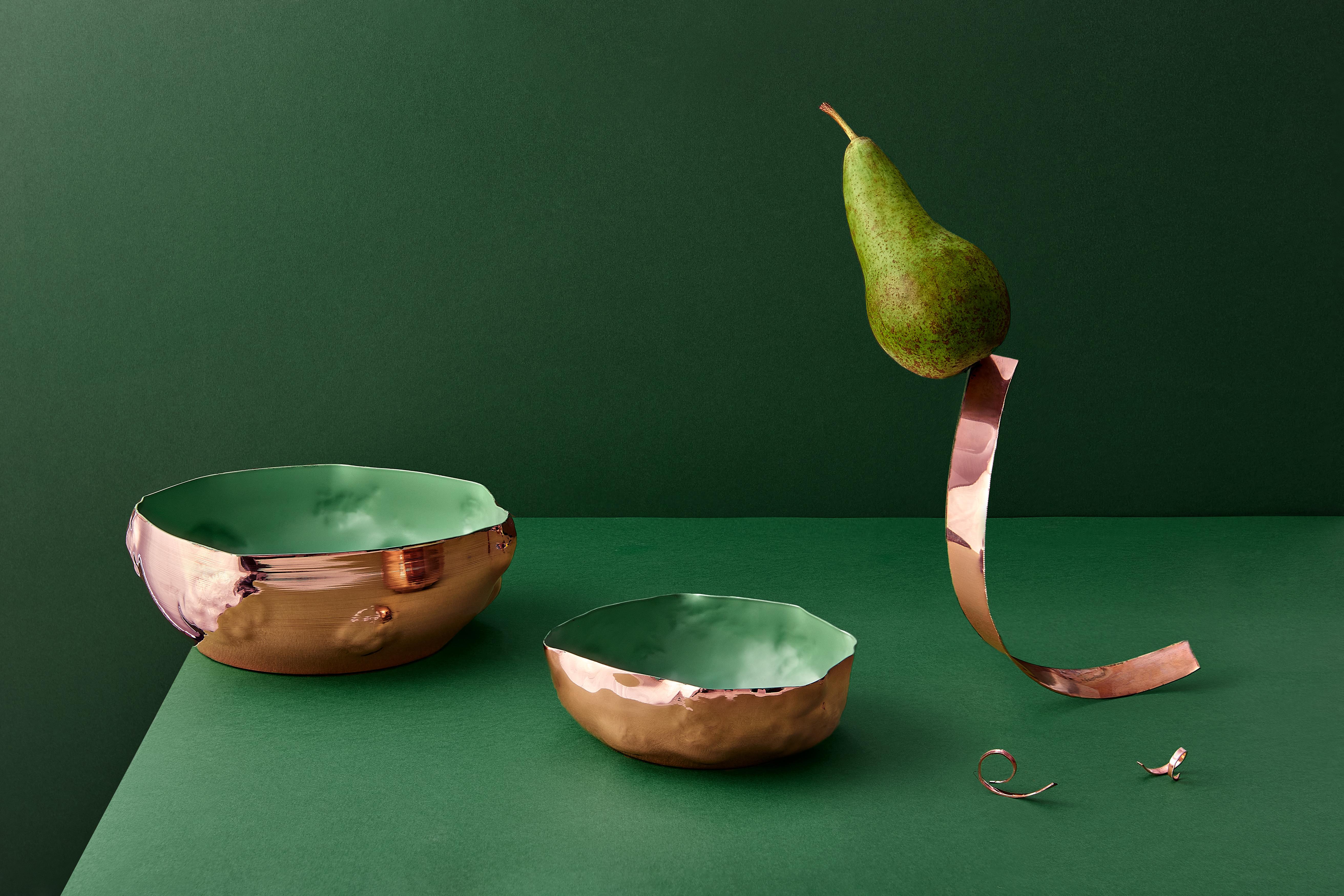 The Momento Collection by Jordan Keaney is a series of hand-formed bowls, in Brass, Copper and Aluminium. After a ‘blank canvas’ bowl form is spun on the lathe, keaney hammers the bowls to shape, as he calls it ‘heating and beating’, placing each