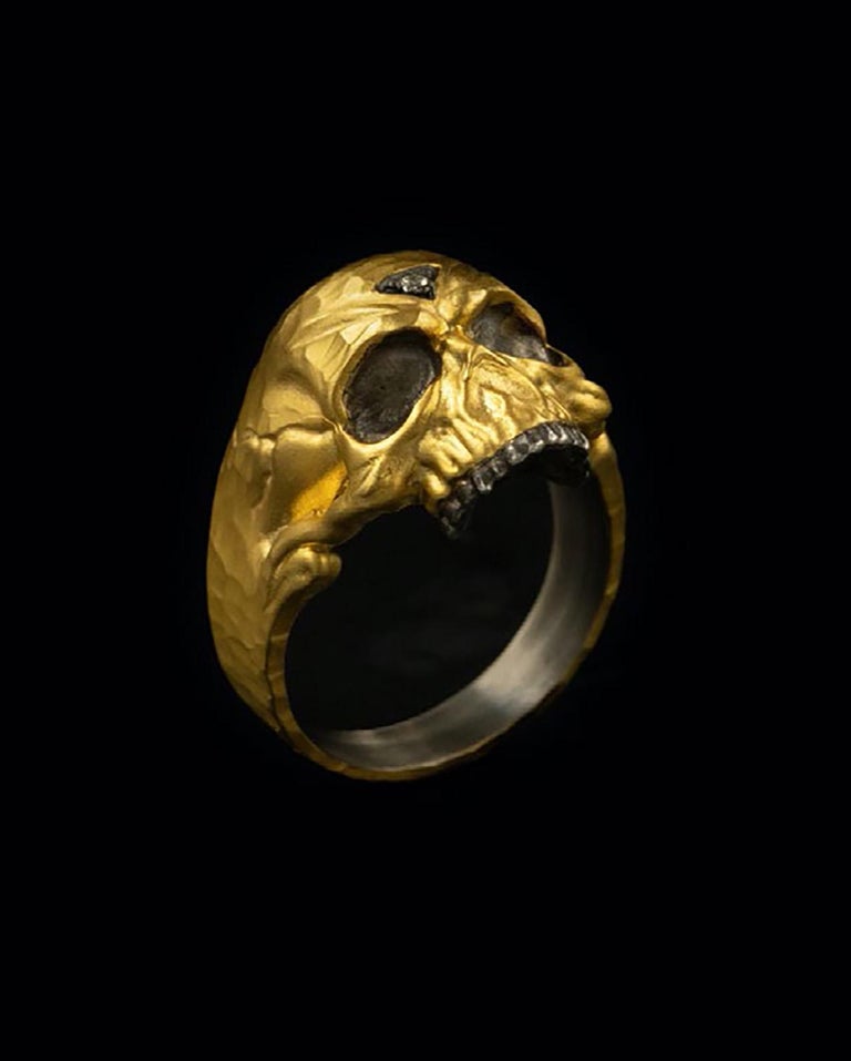 Byzantine Momento Mori Skull Ring with Diamond 24K Gold & SS by Kurtulan Jewellery For Sale