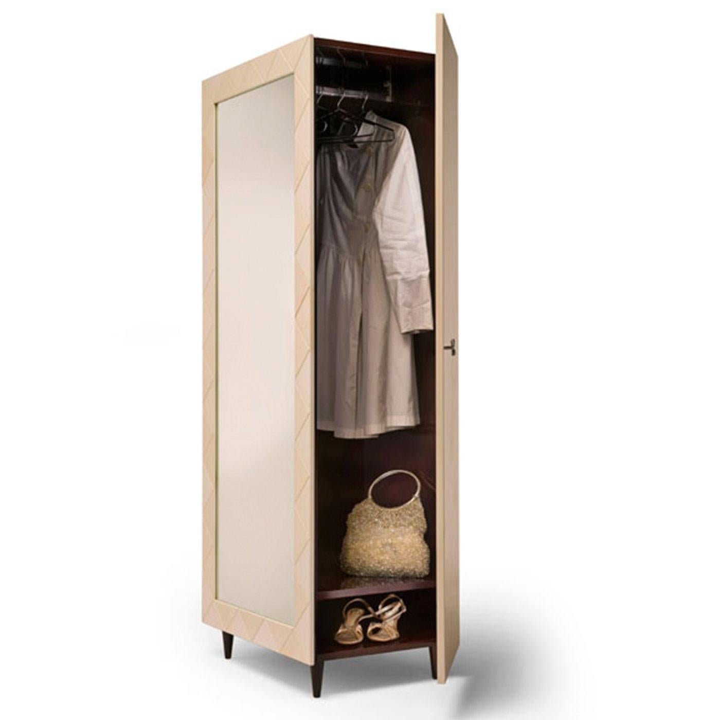The essential lines of this small wardrobe from the Momiji Collection offer a stylish storage solution for a modern entryway or guest bedroom. The rectangular structure is wrapped in matte natural parchment with a front large mirror. The right side