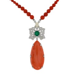 Vintage Momo Coral 41.50 Carat Emerald Pearl Diamond 18 Karat White Gold Drop Necklace