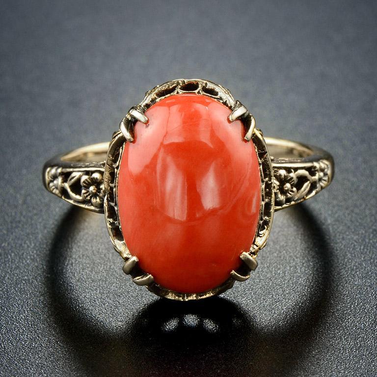 Natural Coral from the Mediterranean Sea (Originated from Italy)  
This piece weighs 5.28 Carat.

The ring was made in 14K Yellow Gold, size US#8

* The ring can be sized 1 size without extra charge.