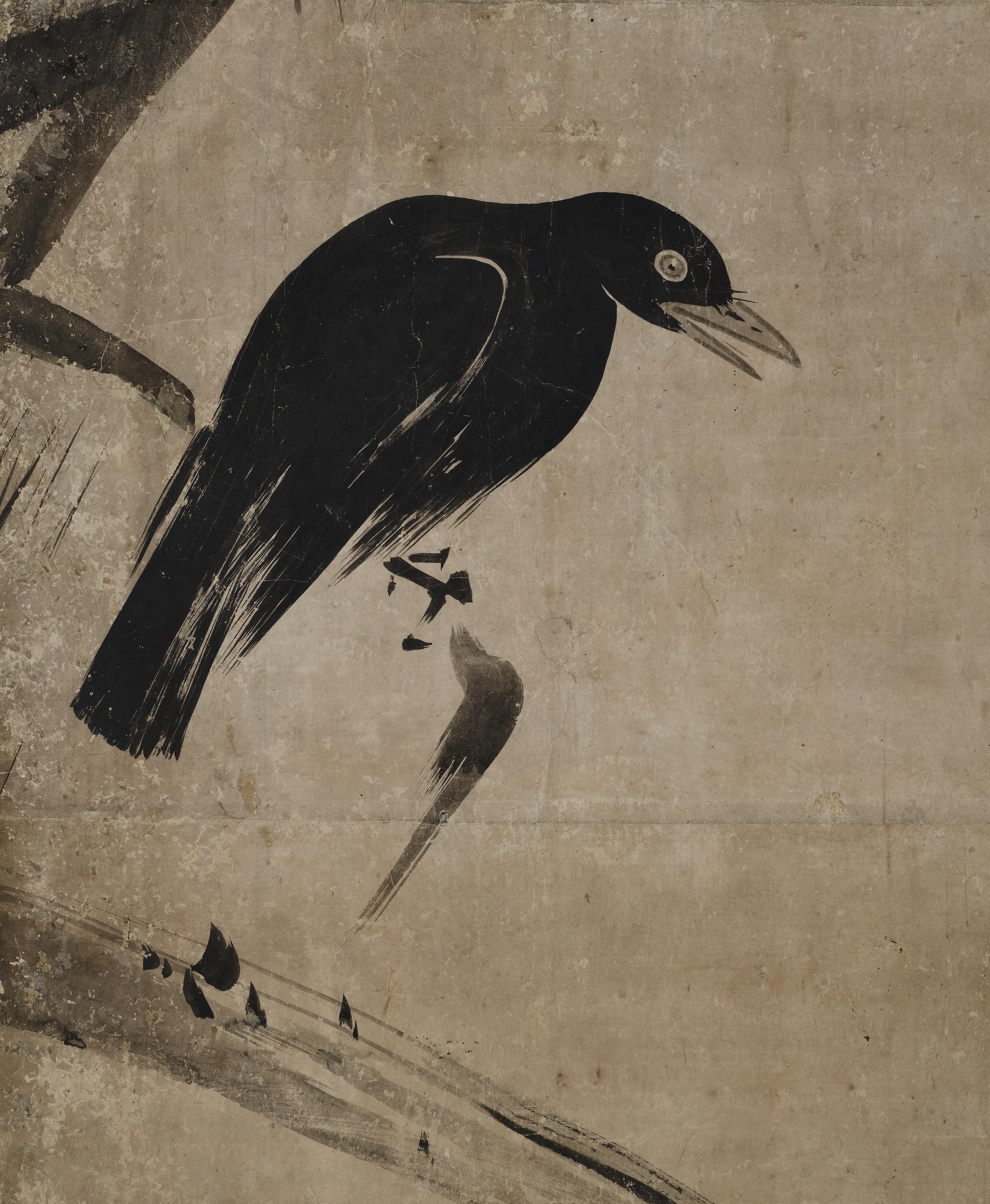 Hand-Painted Momoyama period Japanese Screen. Crows on Pine. Studio of Hasegawa Tohaku. For Sale