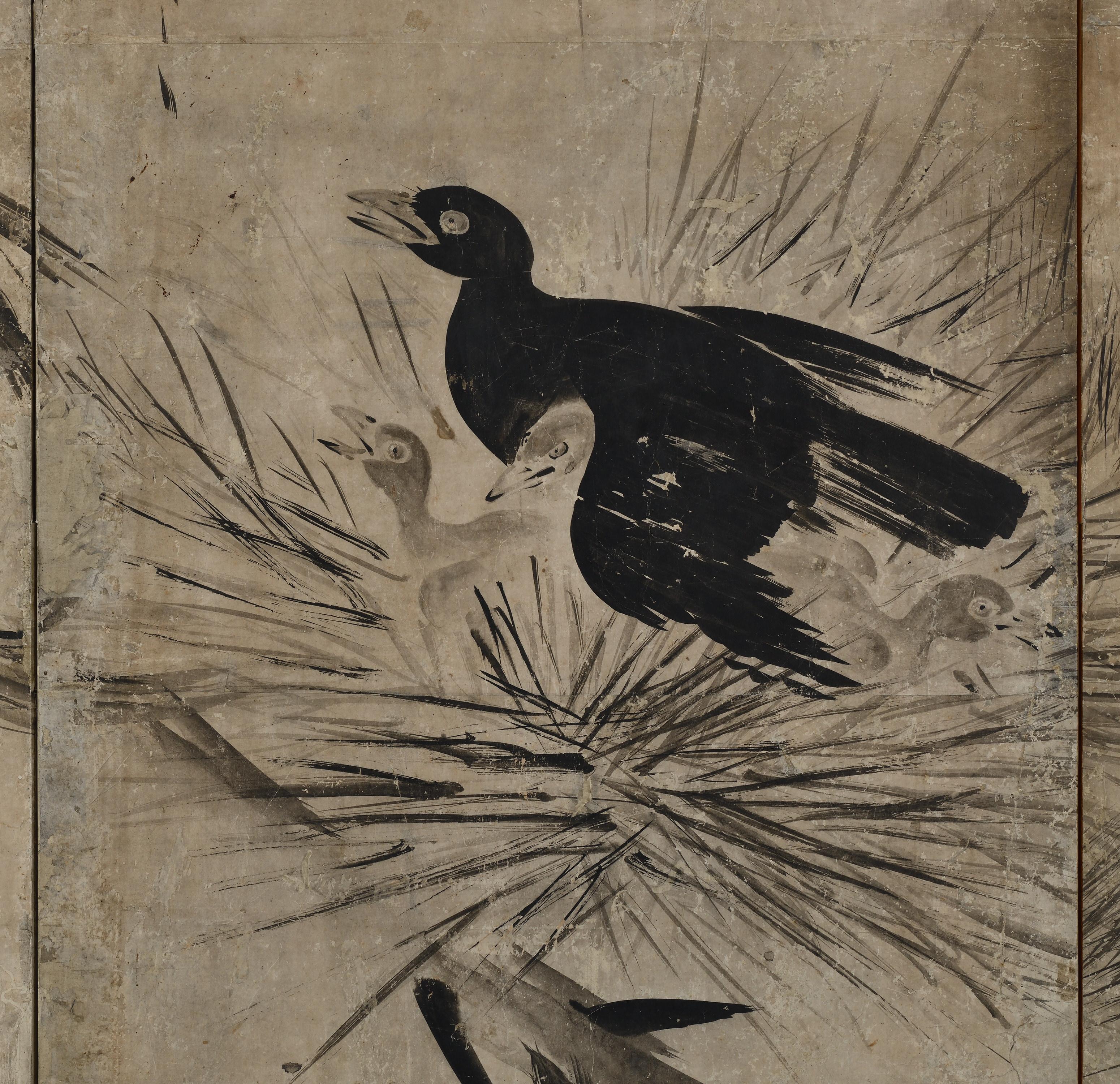 Momoyama period Japanese Screen. Crows on Pine. Studio of Hasegawa Tohaku. In Good Condition For Sale In Kyoto, JP