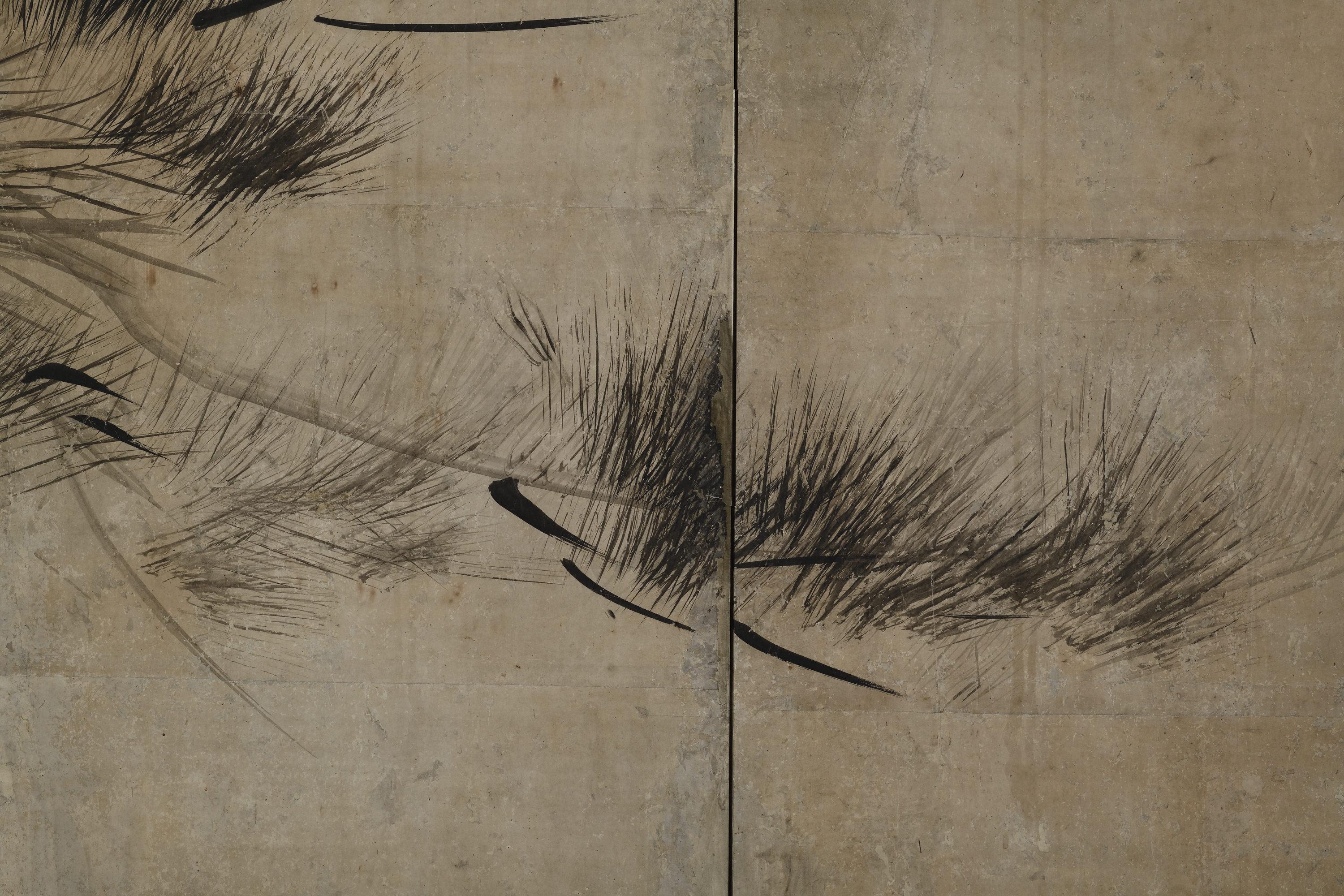 Momoyama period Japanese Screen. Crows on Pine. Studio of Hasegawa Tohaku. For Sale 1