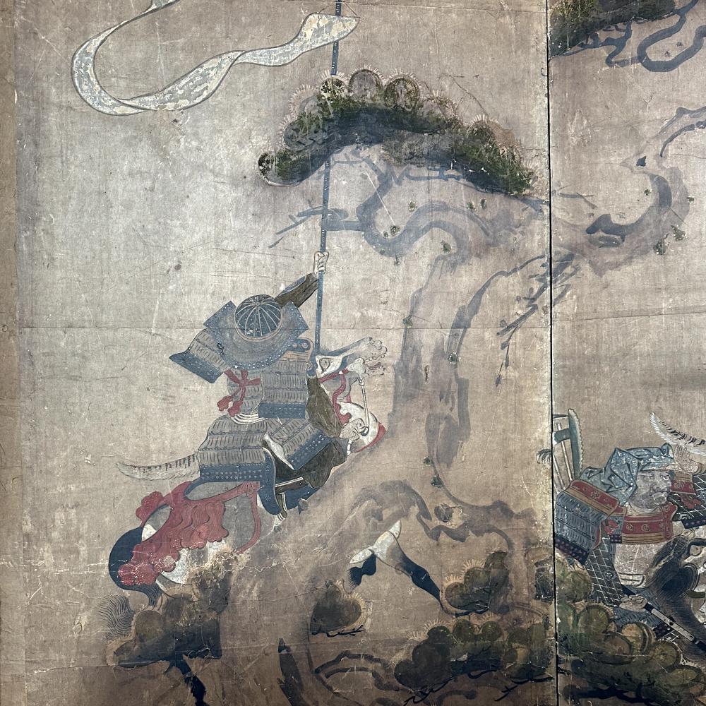 Momoyama Period Samurai Screen with Meiji Reframing

Period: Momoyama (painting), Meiji (framing)
Size: 178 x 167 cm 
SKU: PTA130

Step into the epic world of the Genji Monogatari, Japan's oldest novel, through this extraordinary Momoyama period