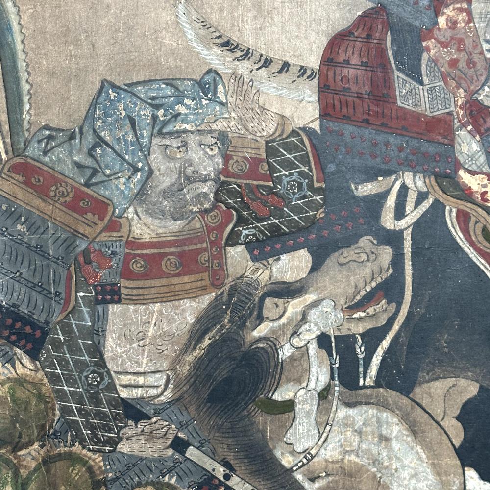 Hand-Painted Momoyama Period Samurai Screen with Meiji Reframing