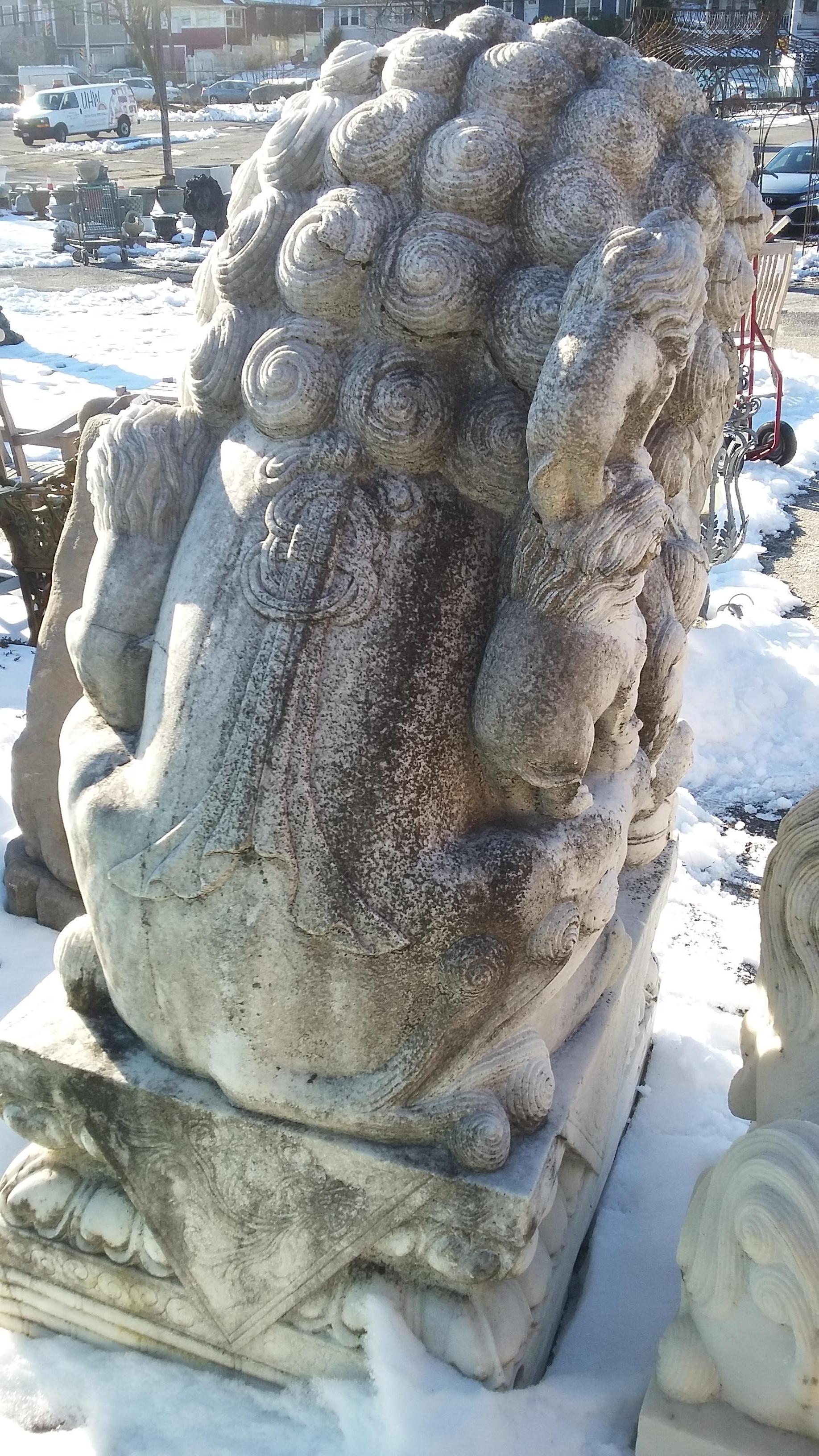 Monumental Carved Pair of Marble Foo Dogs from China For Sale 12
